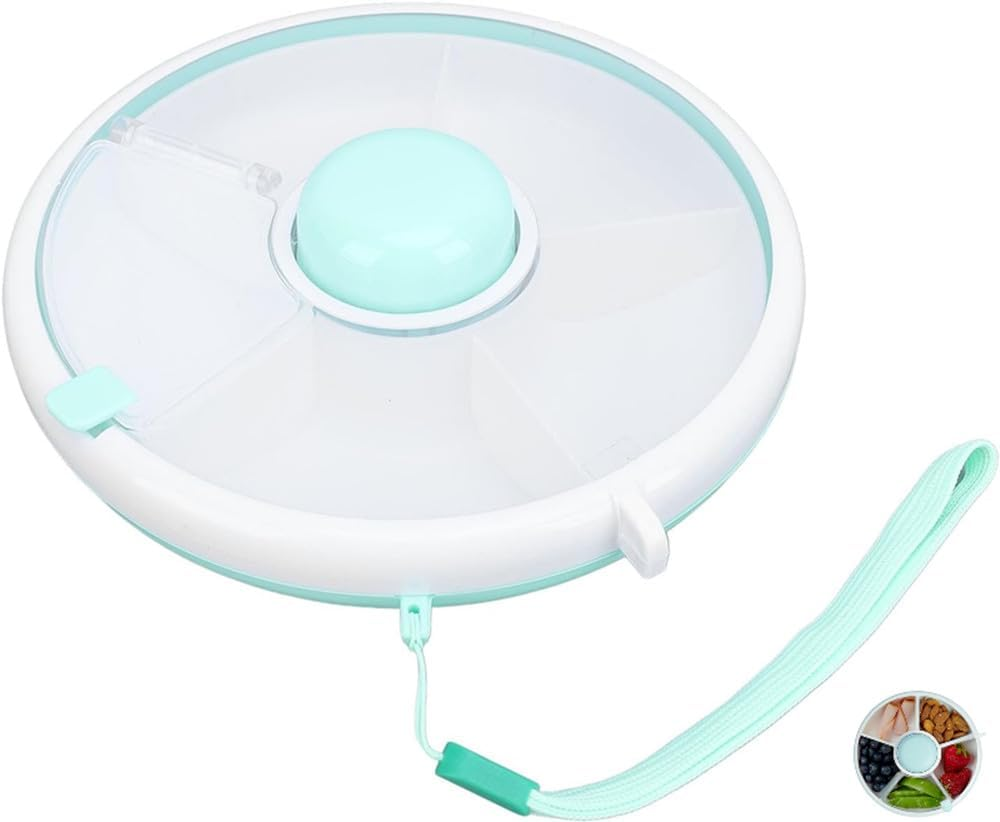 Walquicks Snack Spinner with Hand Strap Reusable Snack Container with 5 Compartments and Lid, Portable Melon Candy Seeds Organizer Storage Boxes, Leak-Proof Divided Snack Serving Tray for Travel