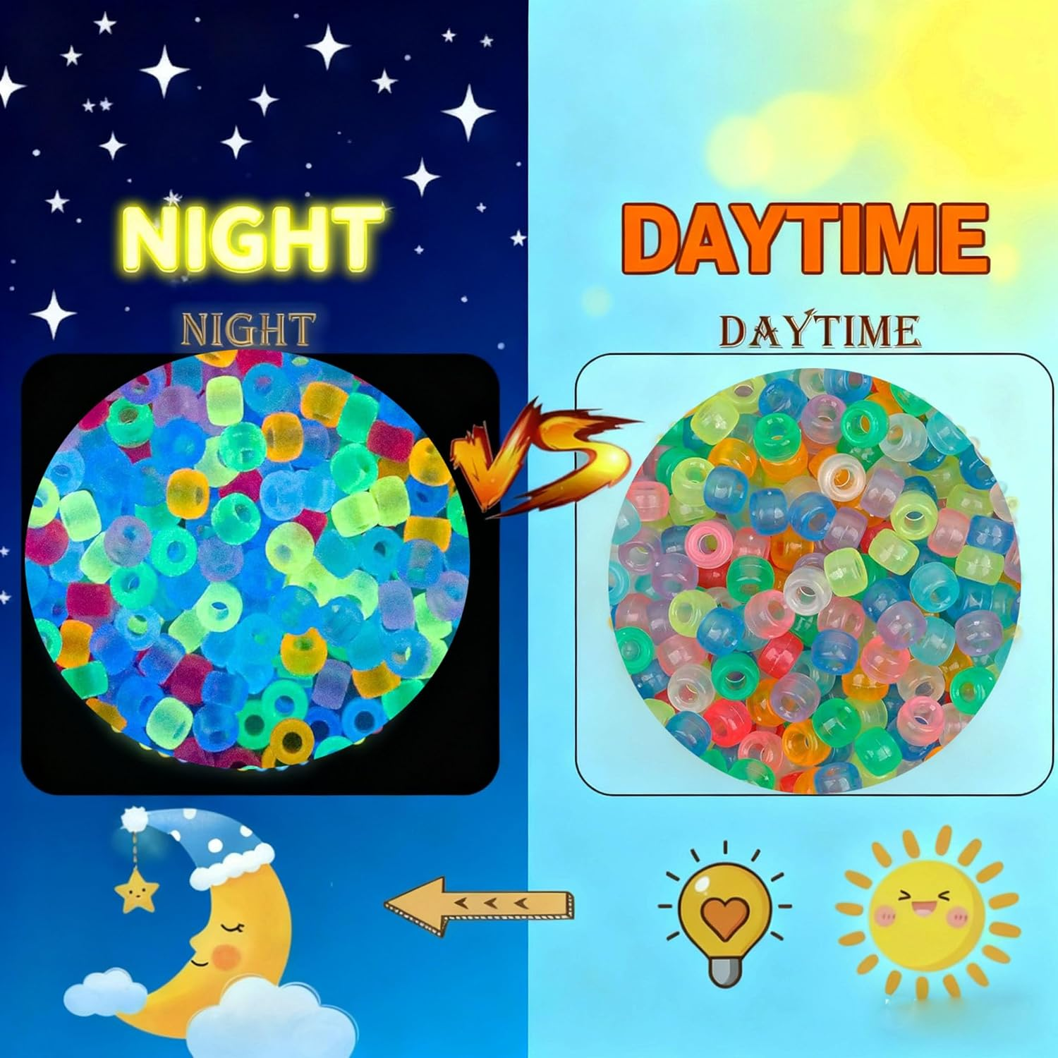 1000Pcs Glow in the Dark Pony Beads Bracelet 9Mm Plastic Barrel Pony Beads for Necklace,Hair Beads for Braids,Key Chain,Jewelry Making (Night Glow) - Black_1000Pcs image number 5