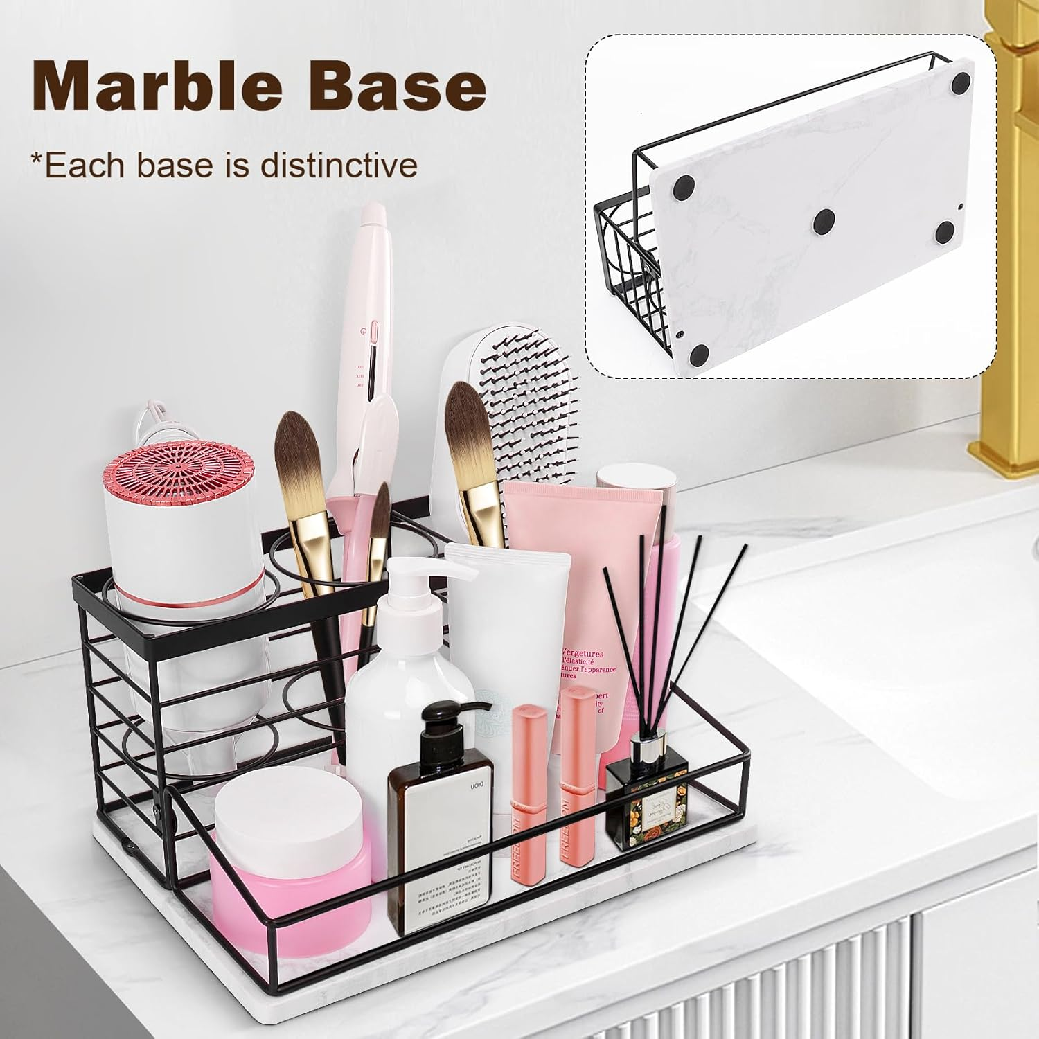 Siyzda Hair Tool Organizer, Movable Hair Dryer Holder, Hair Styling Tools Storage for Vanity, Bath Counter Organizer, Bathroom Trays for Hair Toiletry, Makeup (12" L&times;7.7" W, Marble-Black) image number 4