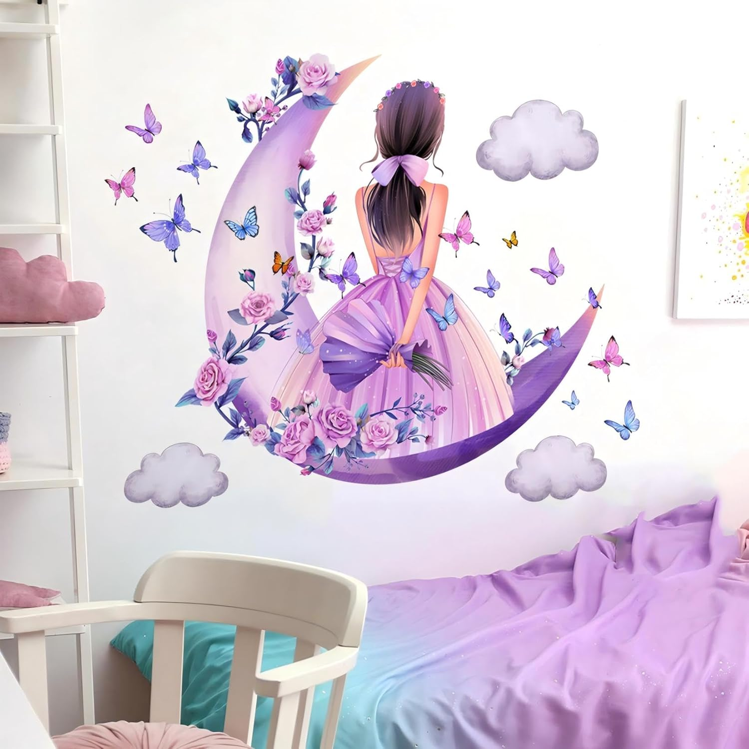 Butterfly Girl Wall Sticker, Moon Clouds Flower Fairy Wall Decal, Pink Floral Photo Wallpaper, Colourful Butterflies Wall Decoration, Wall Art for Girls, Baby, Children'S Room, Bedroom image number 2