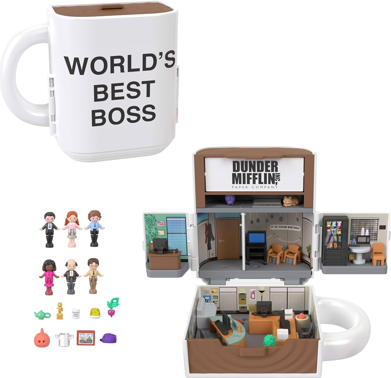 Polly Pocket X the Office Compact Playset 6 Character Dolls and 9 Accessories, Collectible Partnership Toy, Coffee Mug Exterior image number 4