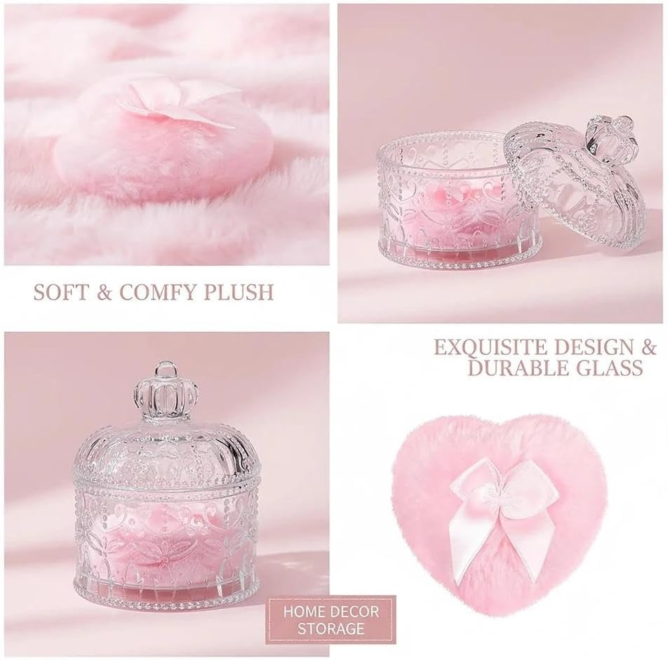 Body Powder Puff and Container Set with 2 Soft Puffs, Large Crystal Glass Powder Jar for Makeup Application and Storage-Ermaoo image number 4