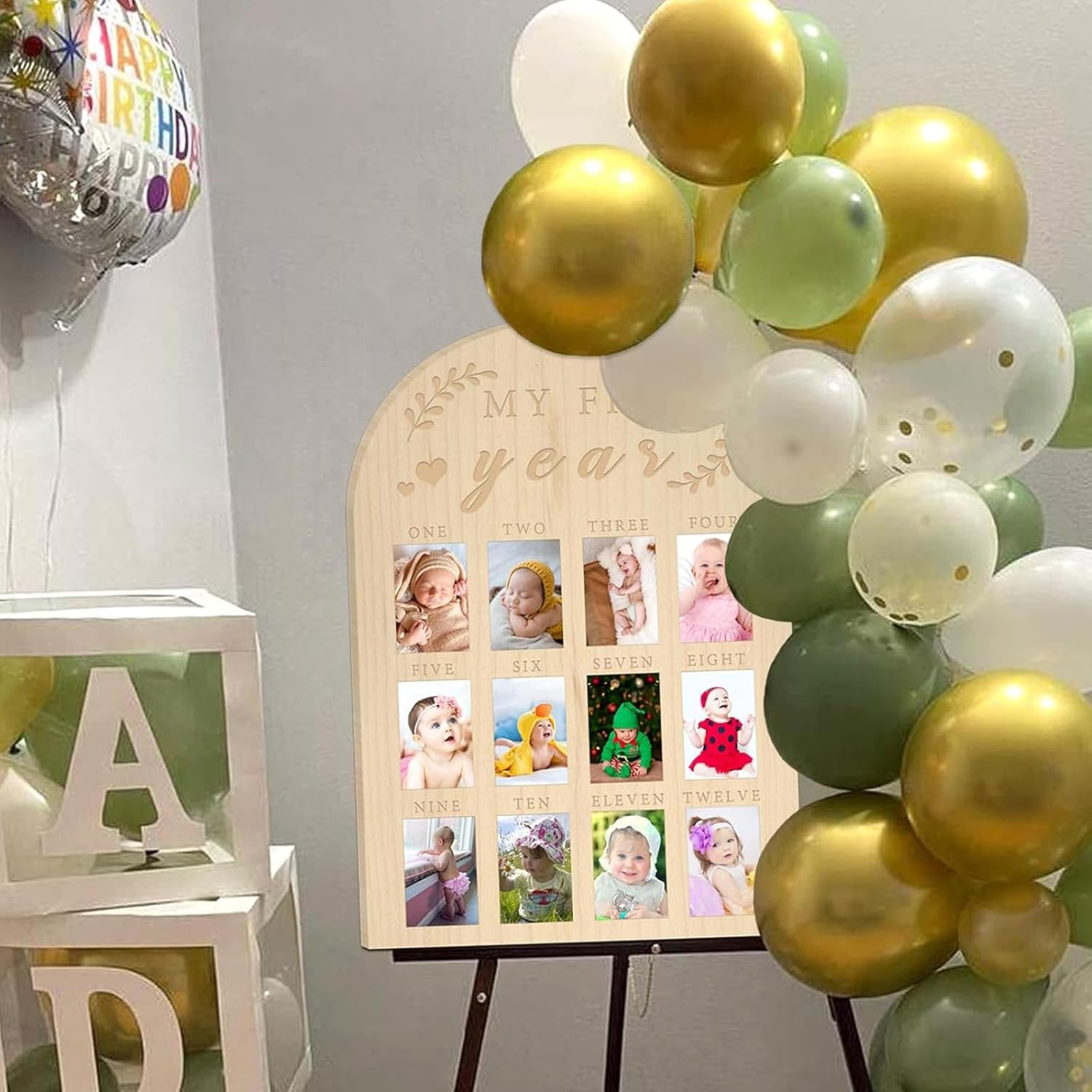 RIKONDA Baby'S First Year Milestone Board - Wooden Photo Frame for 12 Months Growth, Nursery Decor & 1St Birthday Gift Boy Girl Baby, 44Cm X 31Cm, 300G image number 4