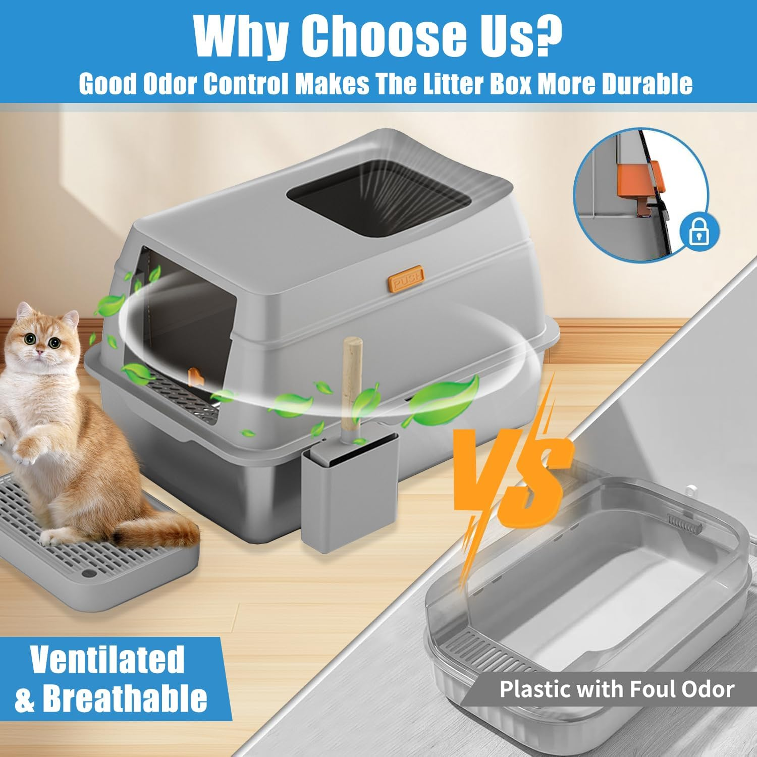 LIODUX 3-In-1 Cat Metal Litter Box Set, Stainless Steel Litter Box with Lid, Extra Large Litter Box for Big Cats, Top Entry Litter Box Enclosed with Double Filter Pedal & Scoop High Sided