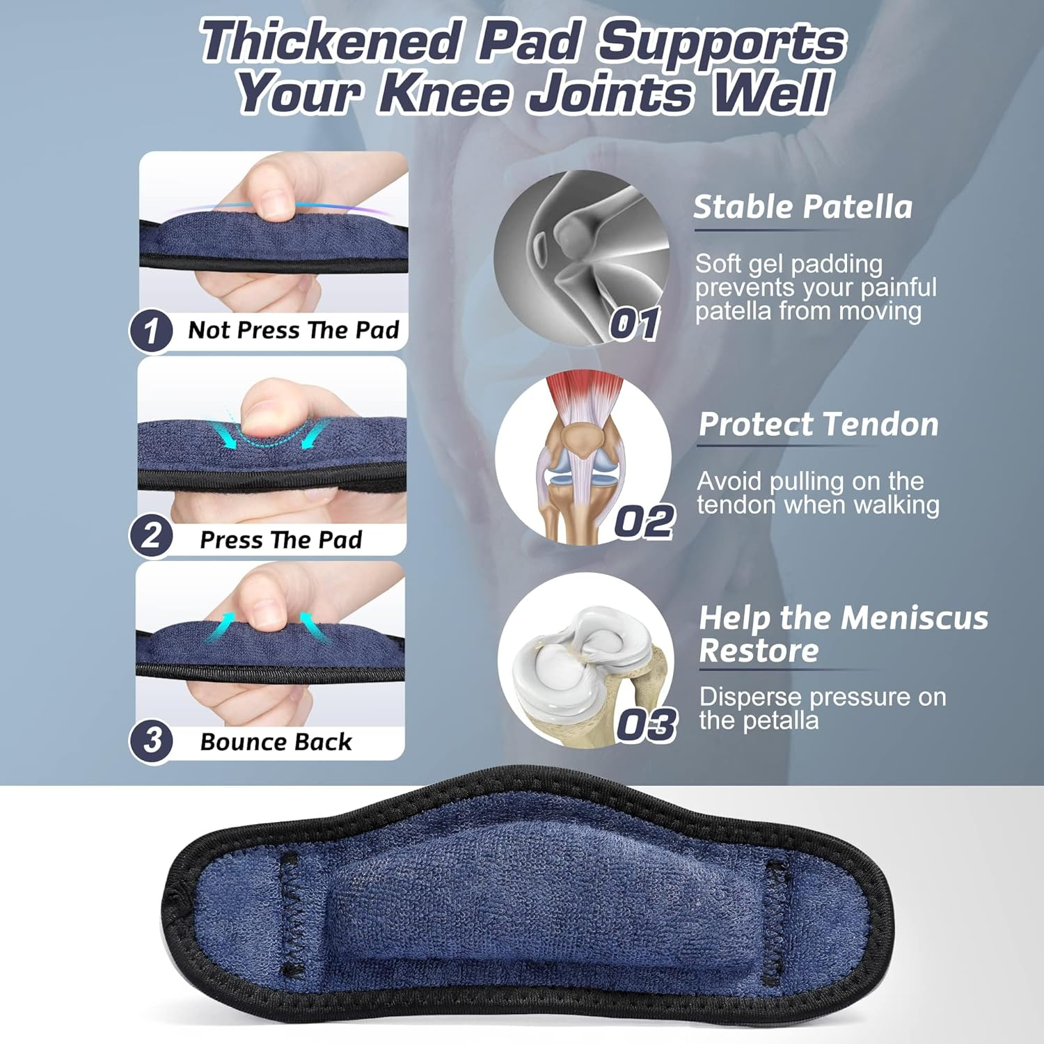 2PCS Thickened Pad & Wide Patella Knee Strap, Pain Relief Patellar Tendon Support, Adjustable Brace Band for Basketball, Running, Jumpers Knee, Volleyball, Tendonitis, Arthritis (Black, One Size) image number 3