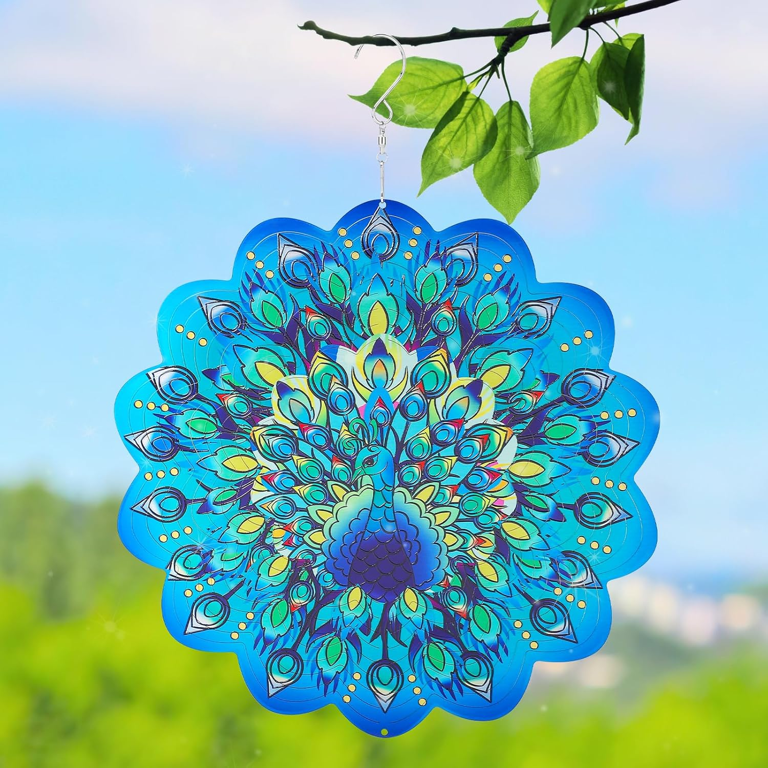 Metal Wind Spinners, Peacock Stainless Steel 3D Hanging Wind Spinners, 12 Inch Laser Cut Wind Sculptures for Women Gift, Indoor/Outdoor Decor, Yard Art Decorations (Peacock) image number 5