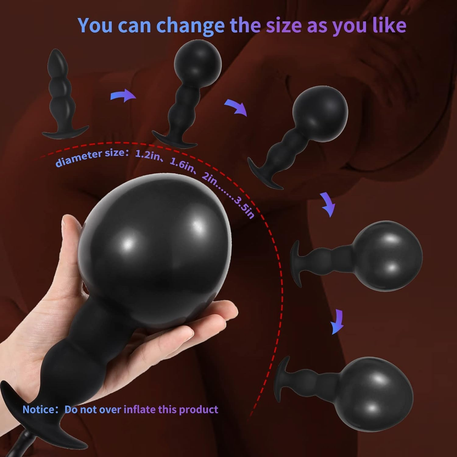 LONZYON Silicone Inflatable Anal Plug with Solid Center Shaft Body Safe Silicone Anal Balloon Pump with Quick Release Valve for Men, Women and Beginners (Black) image number 3