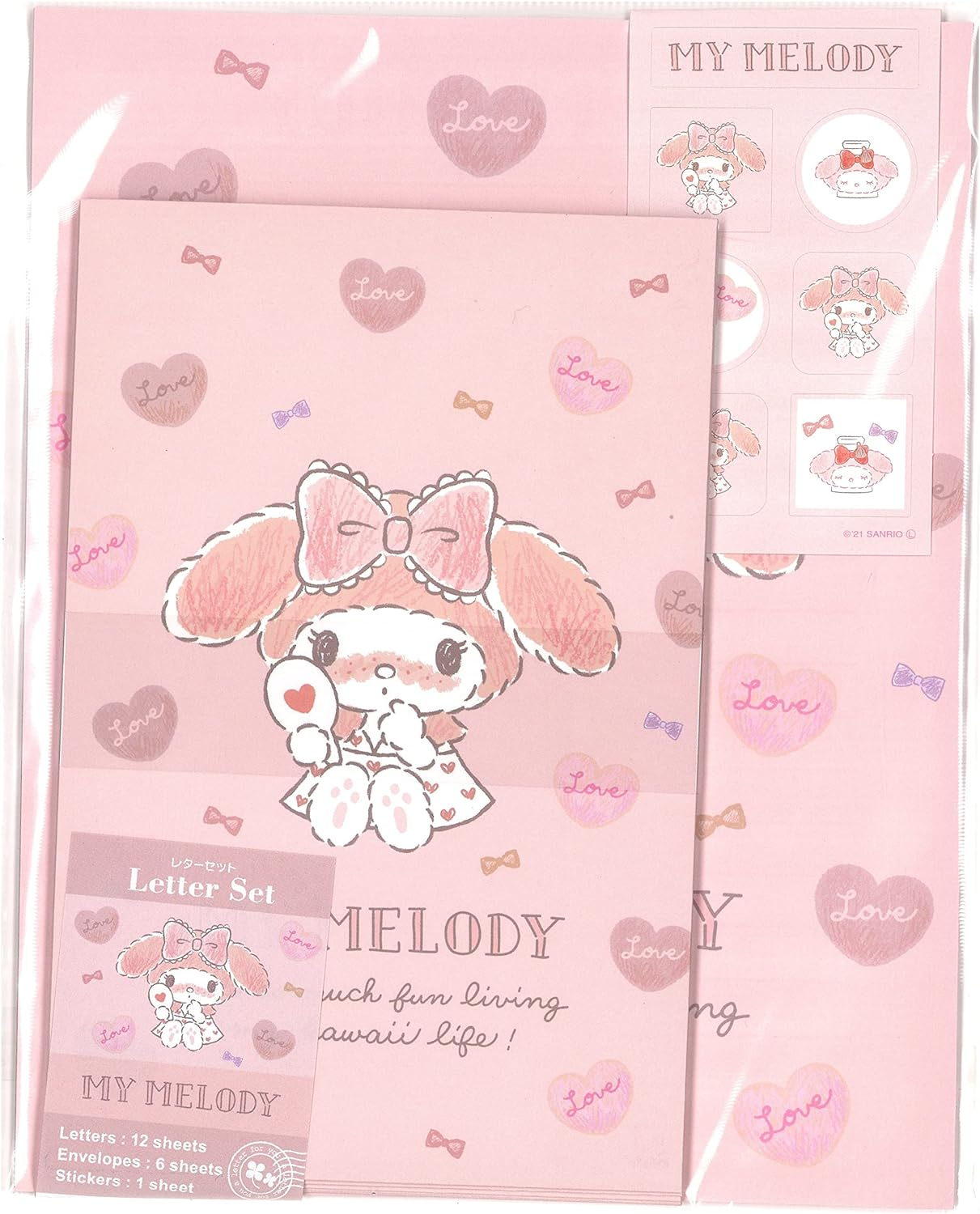 Sanrio My Melody Letter Set 12 Writing Paper + 6 Envelopes + 7 Stickers Stationary Japan (Pink Cosmetics) image number 2