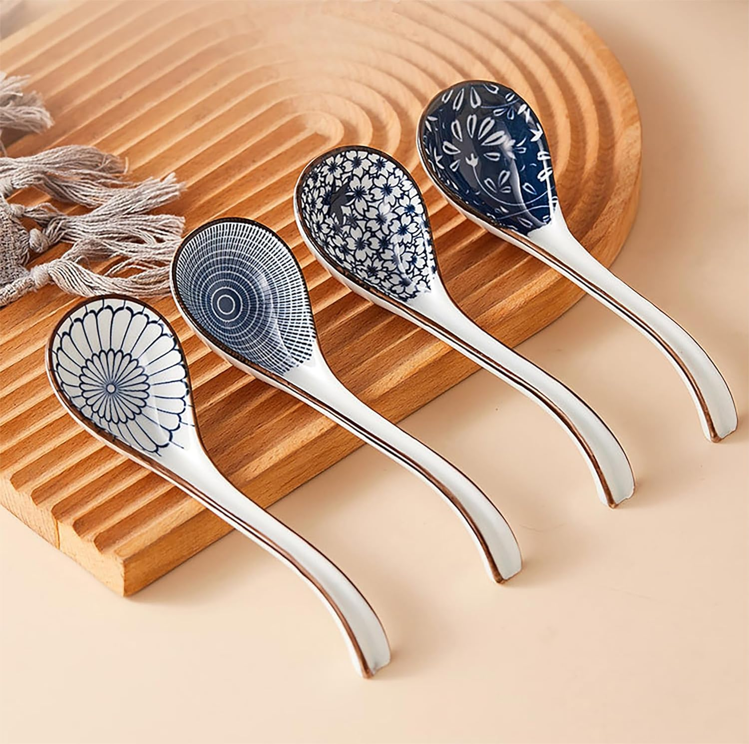 Ceramic Asian Ramen Spoons Set of 4, Long Japanese Soup Spoons for Pho, Wonton, Noodles, 4 Pcs image number 1