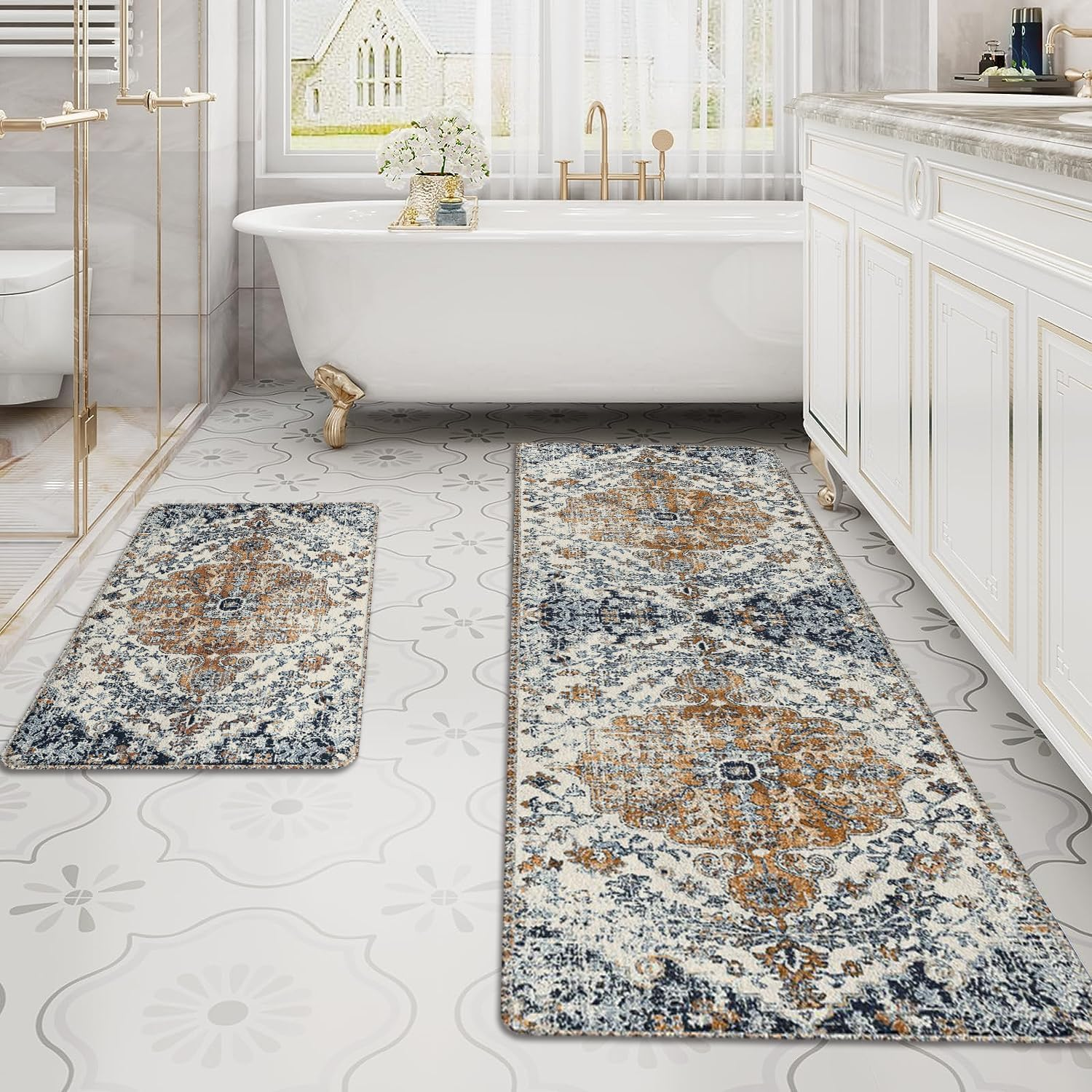 Kitchen Rug Mat, 2 Piece Country Rustic Kitchen Rugs, Boho Farmhouse Style Washable Non-Slip Kitchen Mats for Floor, Boho Kitchen Decor image number 1