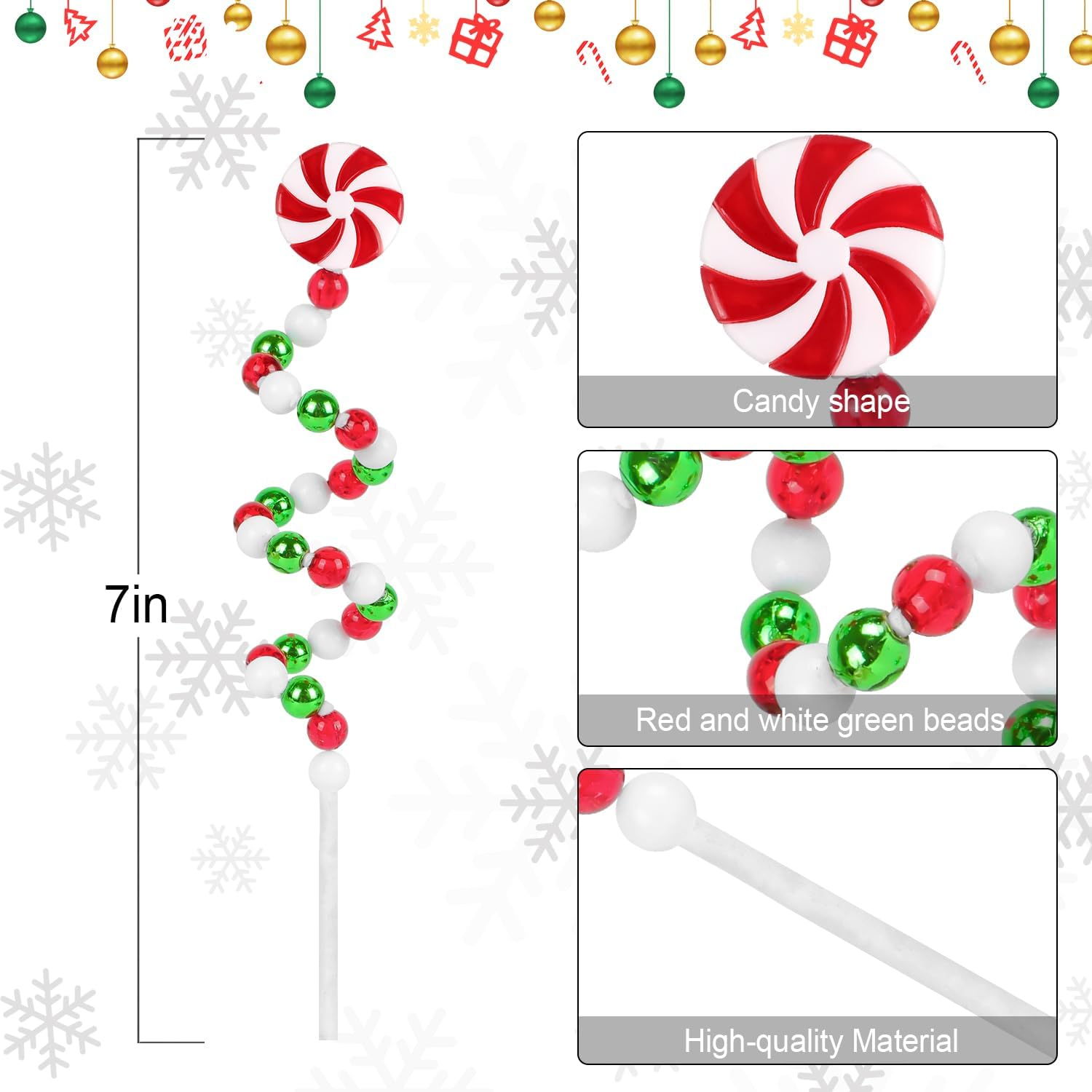 16 PCS 11.7 Inch Christmas Curly Pick Red Green White Christmas Ornament Candy Shape Christmas Tree Picks Christmas Tree Decorations for Xmas Tree Topper Xmas Party Supplies Home Vase Party Ornaments