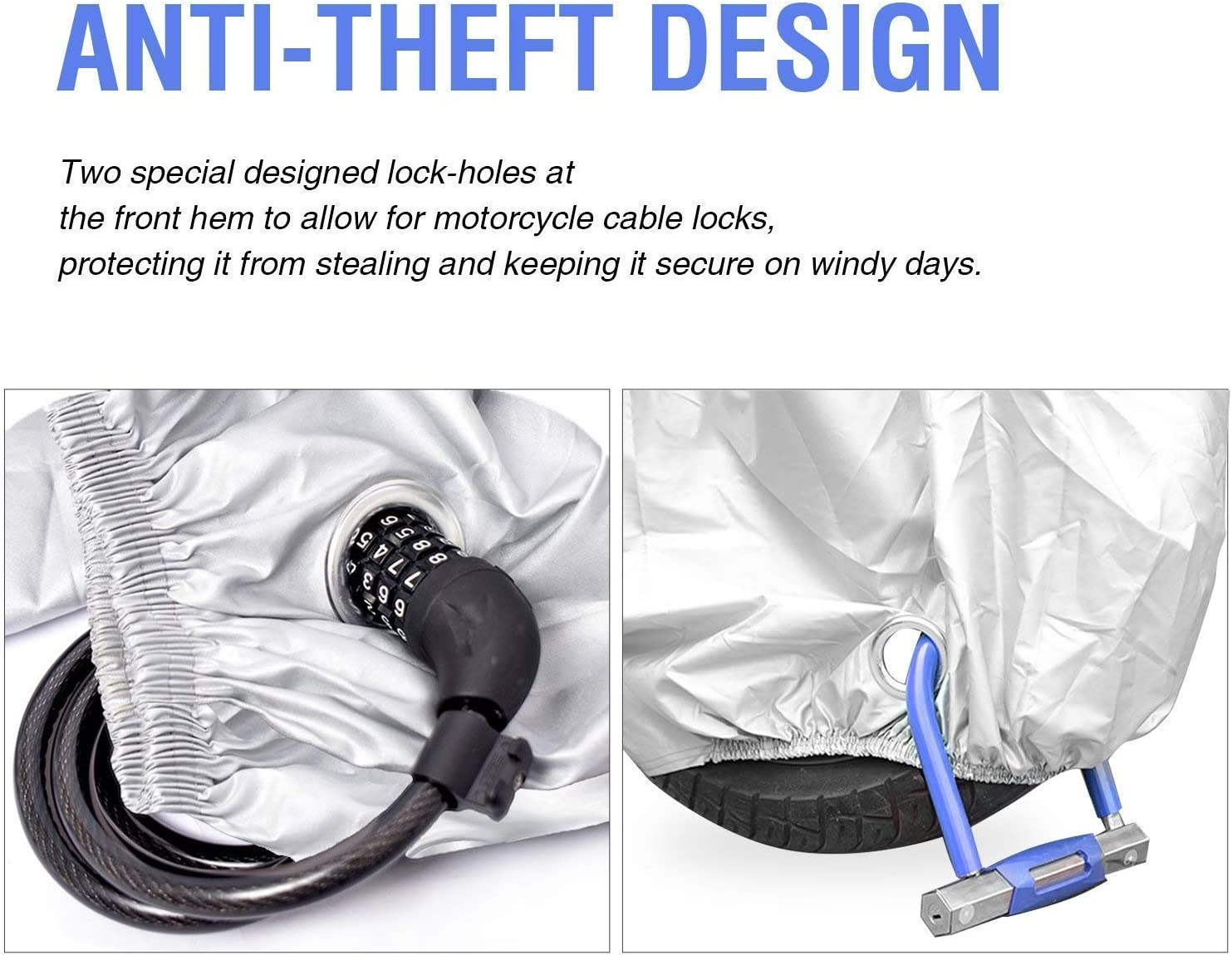 Motorcycle Cover, Ohuhu All Season Waterproof Snowproof Motorbike Covers with Lock Holes, Fits up to 108"/274Cm Motors Bikes Scooters for Honda, Yamaha, Suzuki, Harley, Kawasaki, Black-Silver image number 4