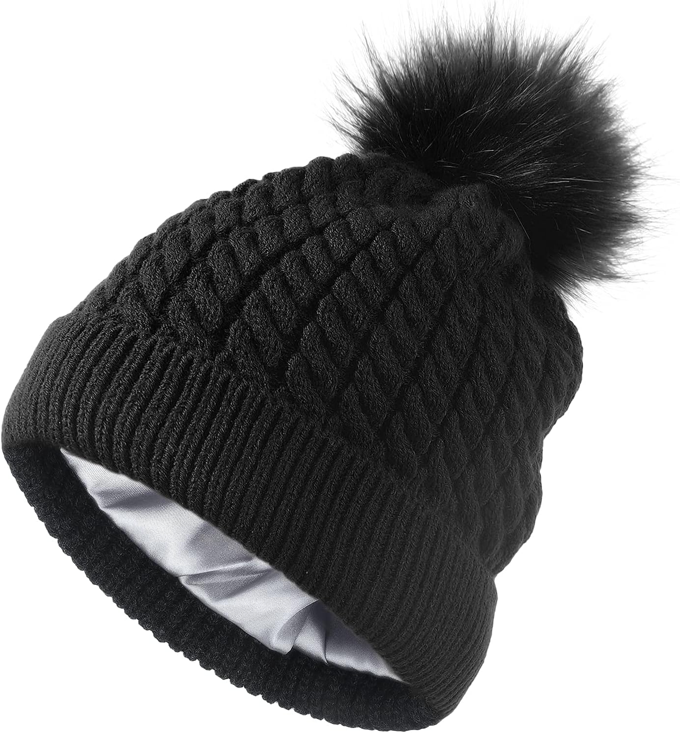 Womens Winter Satin Lined Beanie Hat Cuffed Cable Knit Detachable Faux Fur Pompom Silky Lined Warm Cap