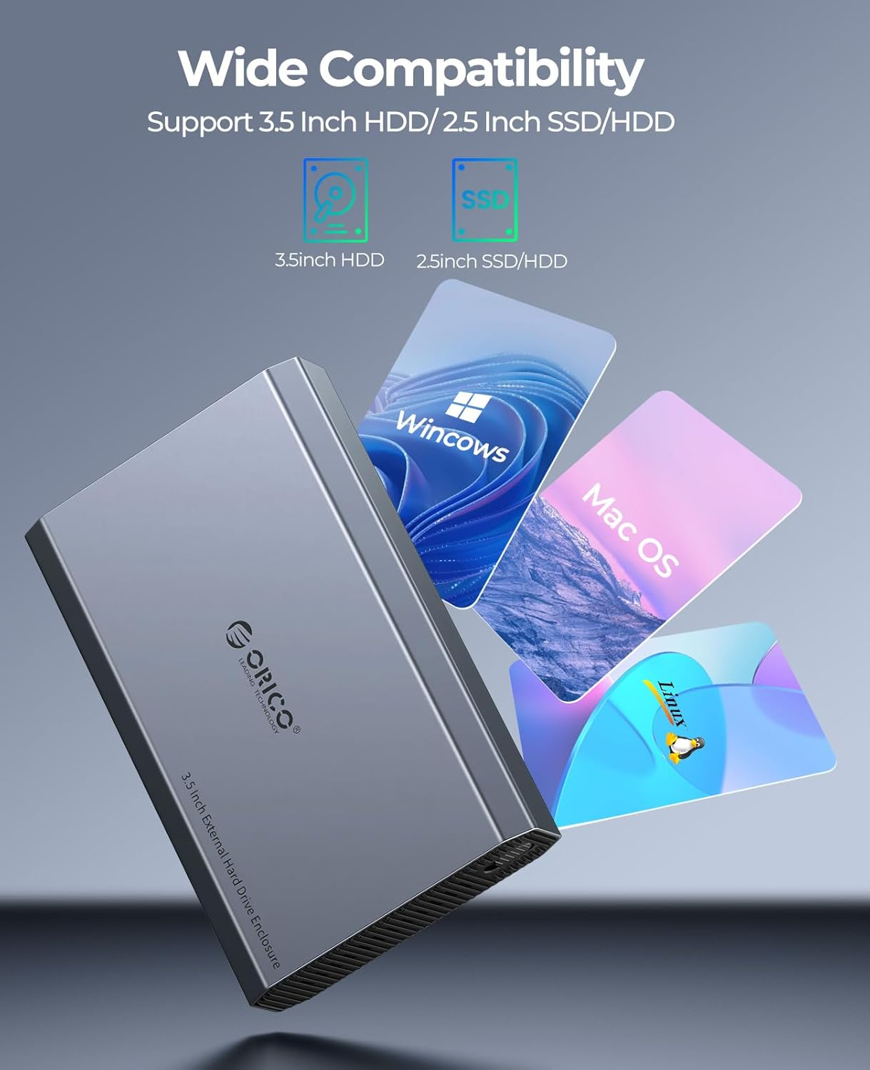 ORICO Aluminum 3.5 Hard Drive Enclosure with USB 3.2 Gen 2 6Gbps Transfer Speed, Fit for 3.5/2.5 Inch SATA HDD SSD up to 20 TB, USB C to USB C/A 2 in 1 Cable Compatible with Macbook Windows(Dd35-C3) image number 5