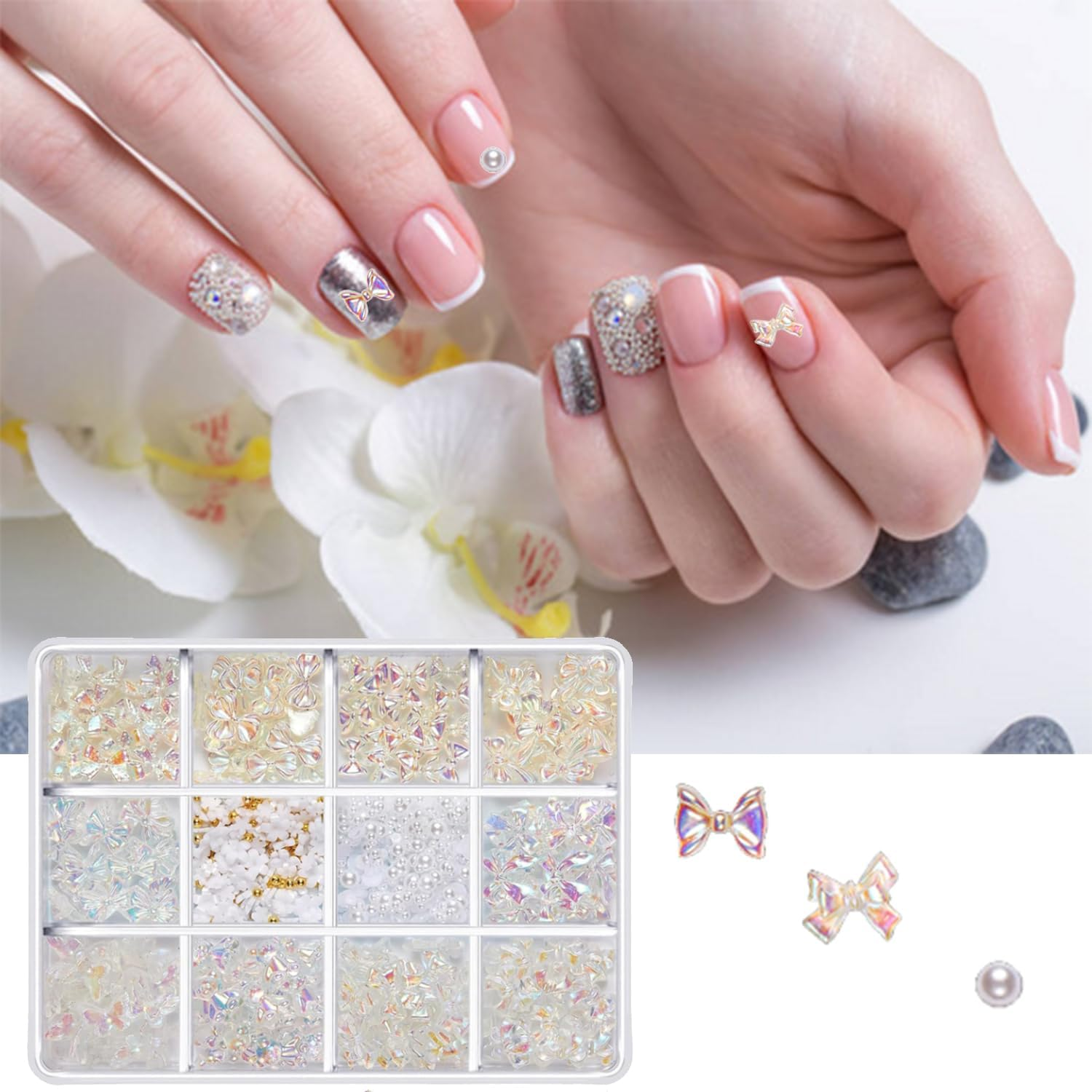 Taicols 850Pcs 3D Bow Nail Charms,Clear Colorful Nail Art Charms Bowknot Nail Art Rhinestones and Pearls with Tweezers,Nail Pens Nail Decorations Accessories for Women Party, Daily image number 5