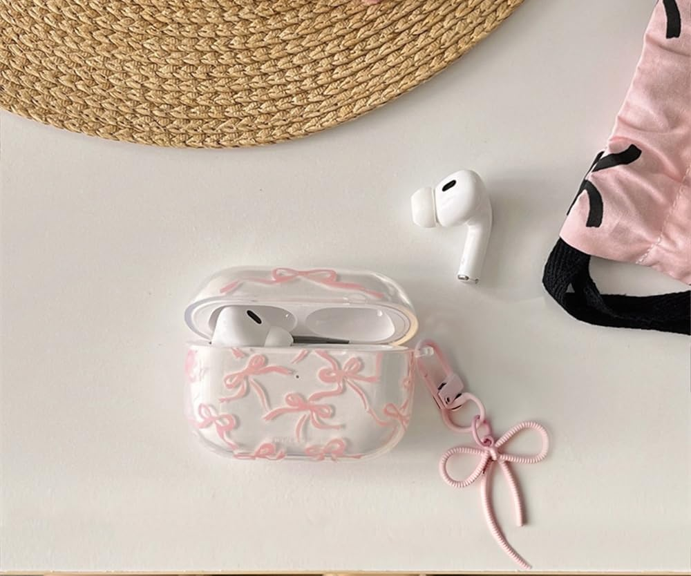 Case for Airpods 4 with Cleaner Kit Soft Cute Bow Pattern Fashion Design Bowknot Aesthetic Shockproof Keychain Headphone Cases for Airpods 4-Pink image number 3