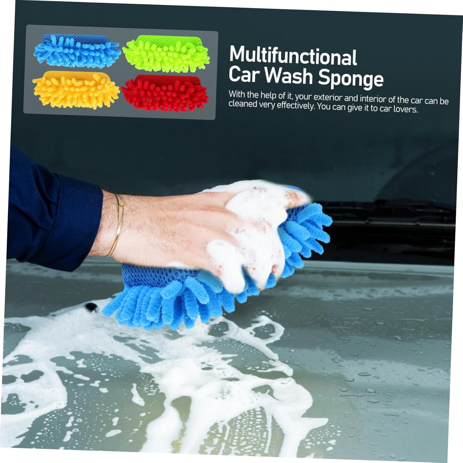 WOFASHPURET 4Pcs Chenille Car Washing Sponge with Wax Applicator Pads Soft Detailing Sponges for Vehicle Cleaning and Interior Care Multi-Purpose Auto Wash Kit for Home and Office Use image number 2
