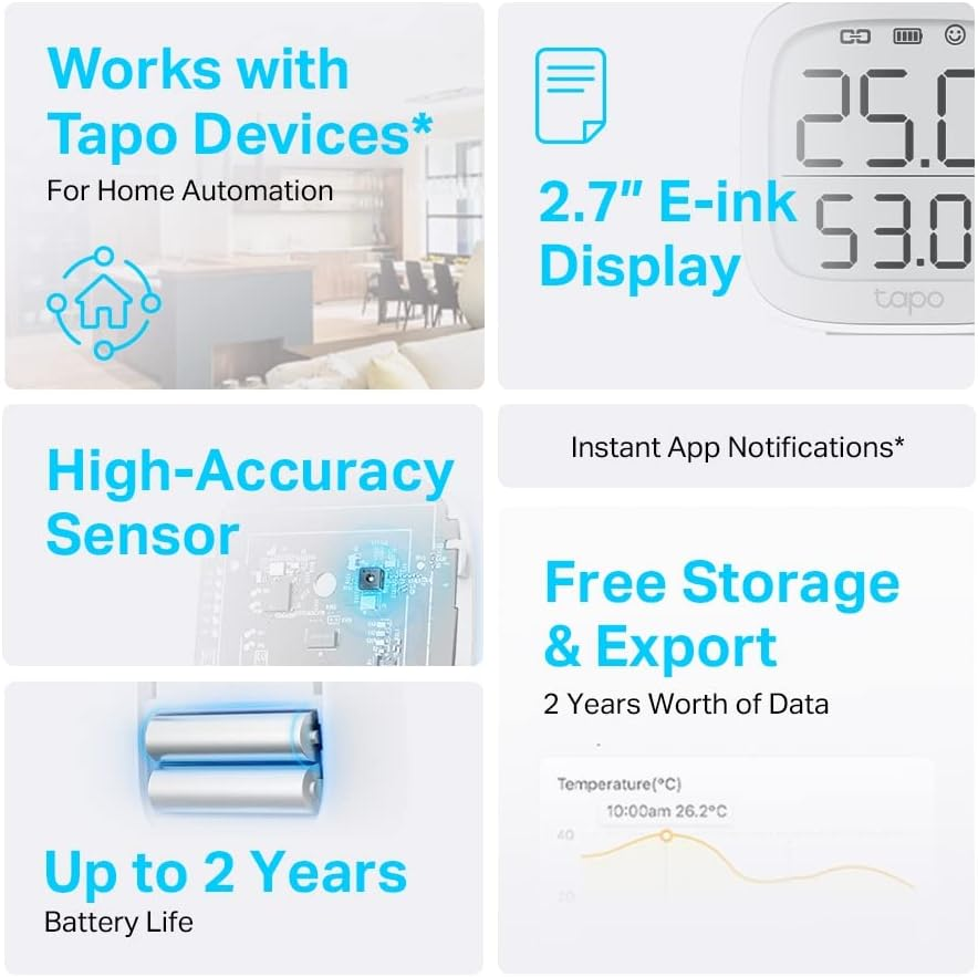 Tapo Tp-Link Smart Room Temperature and Humidity Sensor, Auto, Real-Time, 2.7' E-Ink Display, Free Data Storage and Visual Graphs, Instant App Notification, Smart Home, Hub Required (Tapo T315) image number 6