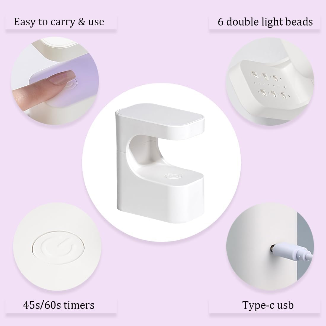 Mini UV Light for Gel Nails,Portable UV Nail Lamp,Nail Light for Gel Nails,Small Curing Light,Rechargeable UV Led Nail Lamp with 6 Beads and 2 Timers,Nail Dryer for Nail Art image number 3