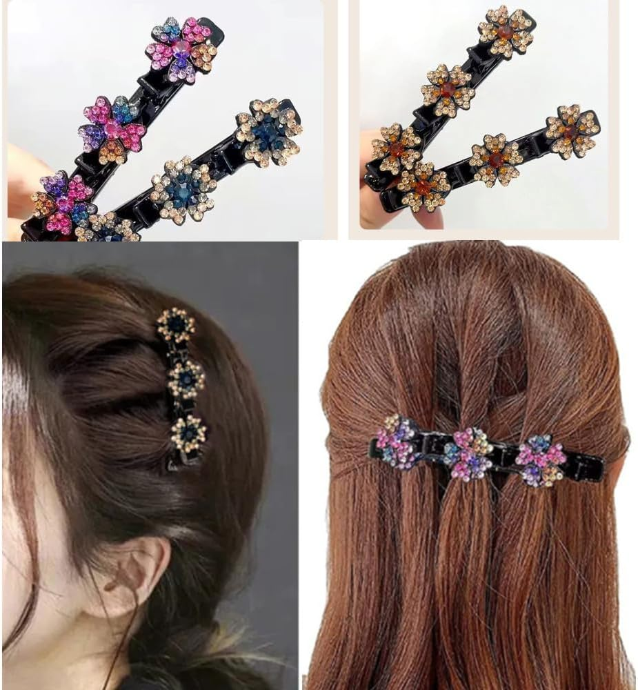 Naisfei 4 Pcs Braided Hair Clip,Sparkling Crystal Stone Braided Hair Clips,Satin Fabric Hair Bands with Rhinestone and Pearl,Sparkling Crystal Stone Braided Hair Clips for Women