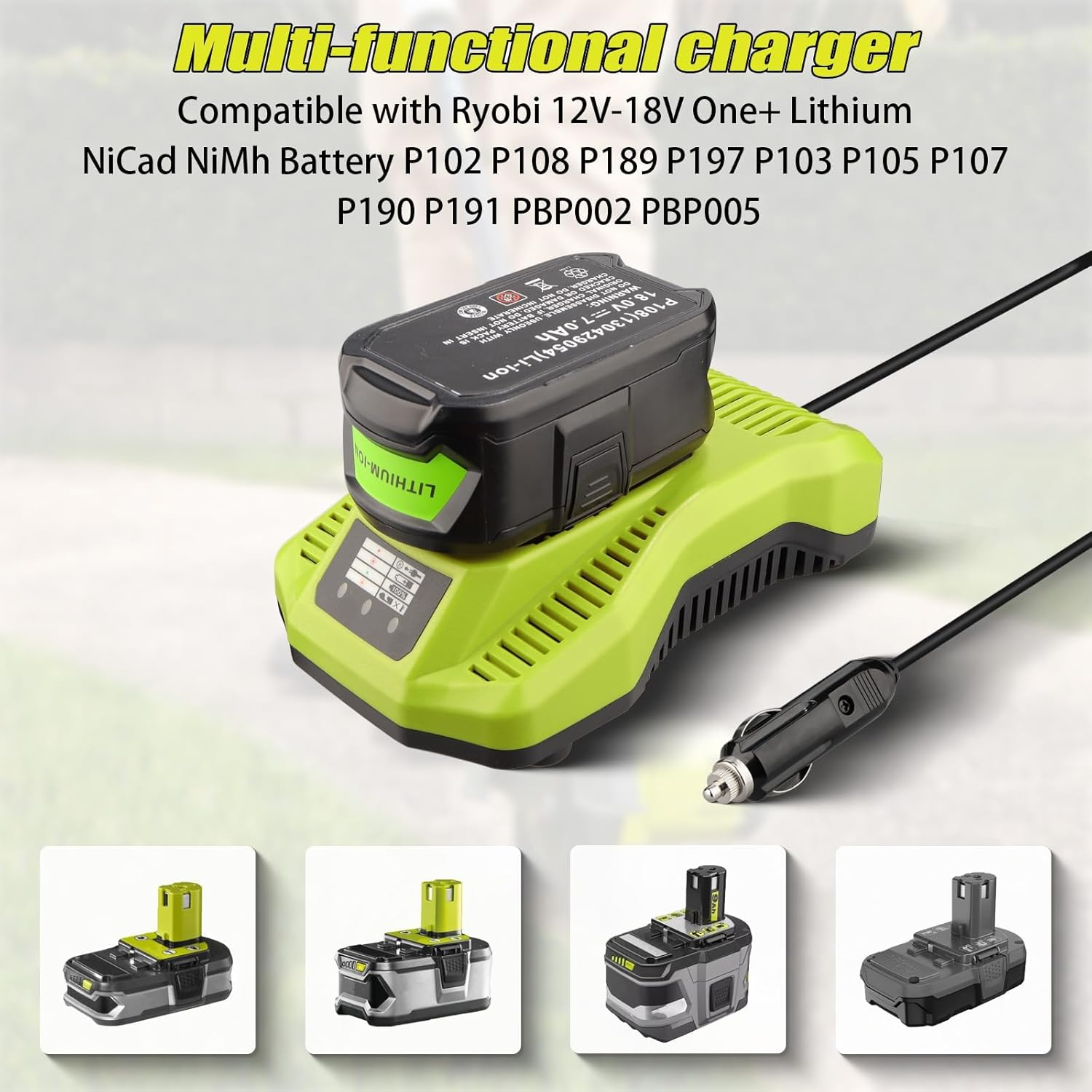 Rapid Auto Charger Replacement for Ryobi One+ 12V 14.4V 18V Lithium-Ion/Nicad/Nimh Battery, Car Vehicle Charger for Ryobi P102 P108 P189 P197 P103 P105 P107 P190 P191 PBP002 PBP005 image number 2