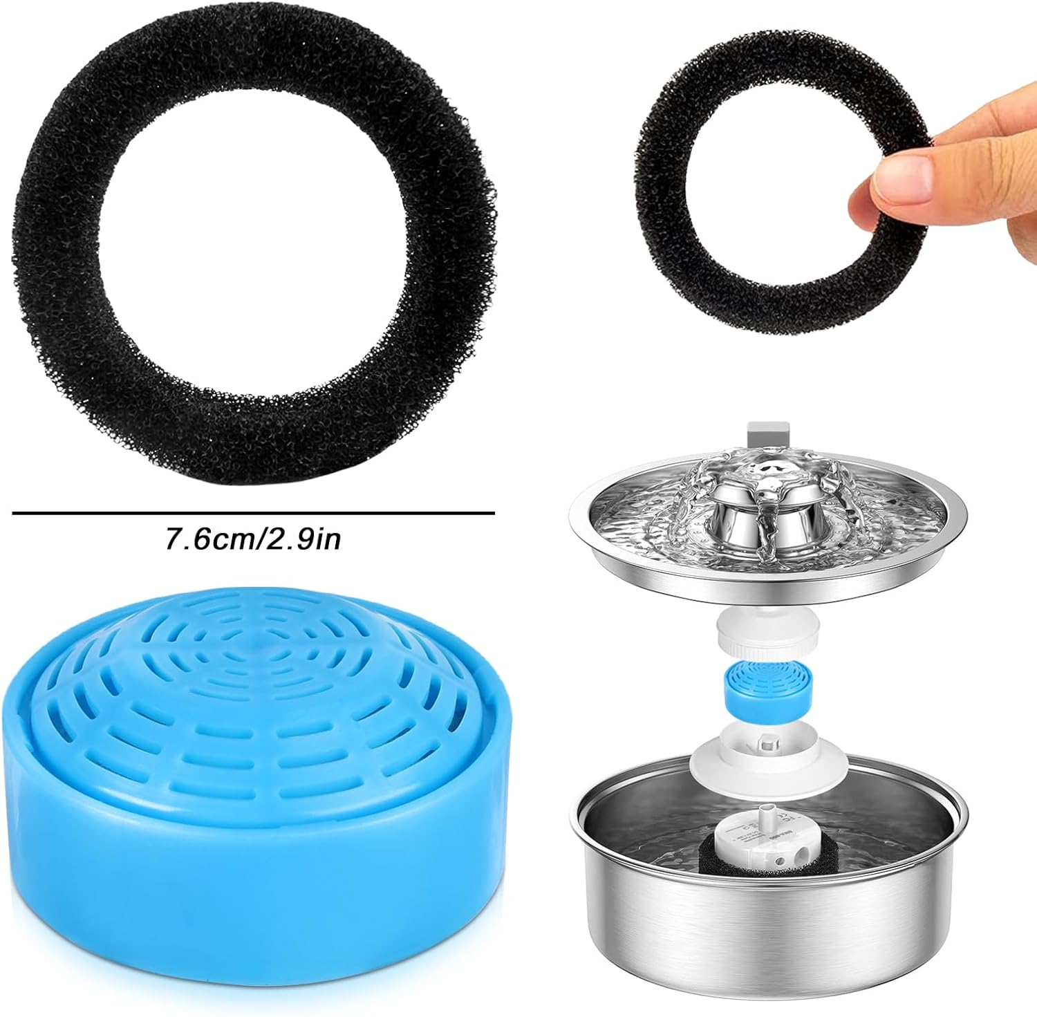 Sporgo Pack of 12 Cat Fountain Filters: Replacement Filter for 2L Cat Fountain, 8 Pieces Foam Filters and 4 Pieces Carbon Filter, Stainless Steel Cat Fountain Filter, round Replacement Pump for Cat image number 4