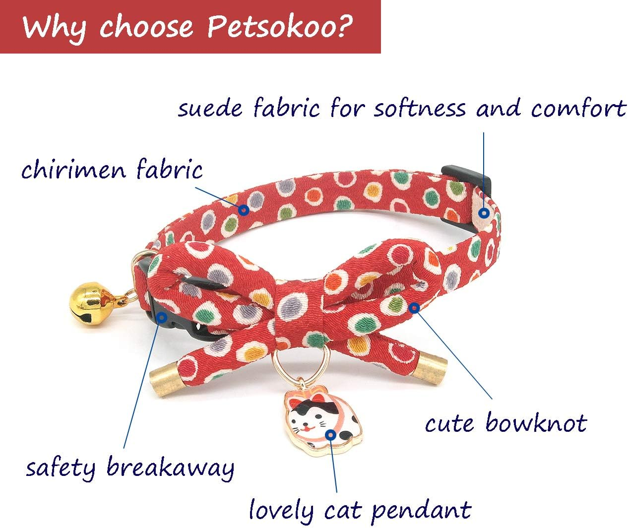 Petsokoo Cute Bowknot Cat Collar with Bell. Japan Colorful Polka Dots Pattern. Lucky Cat Charm. Safety Breakaway, Soft, for Girl Boy Male Female Adult Cats,Red image number 6