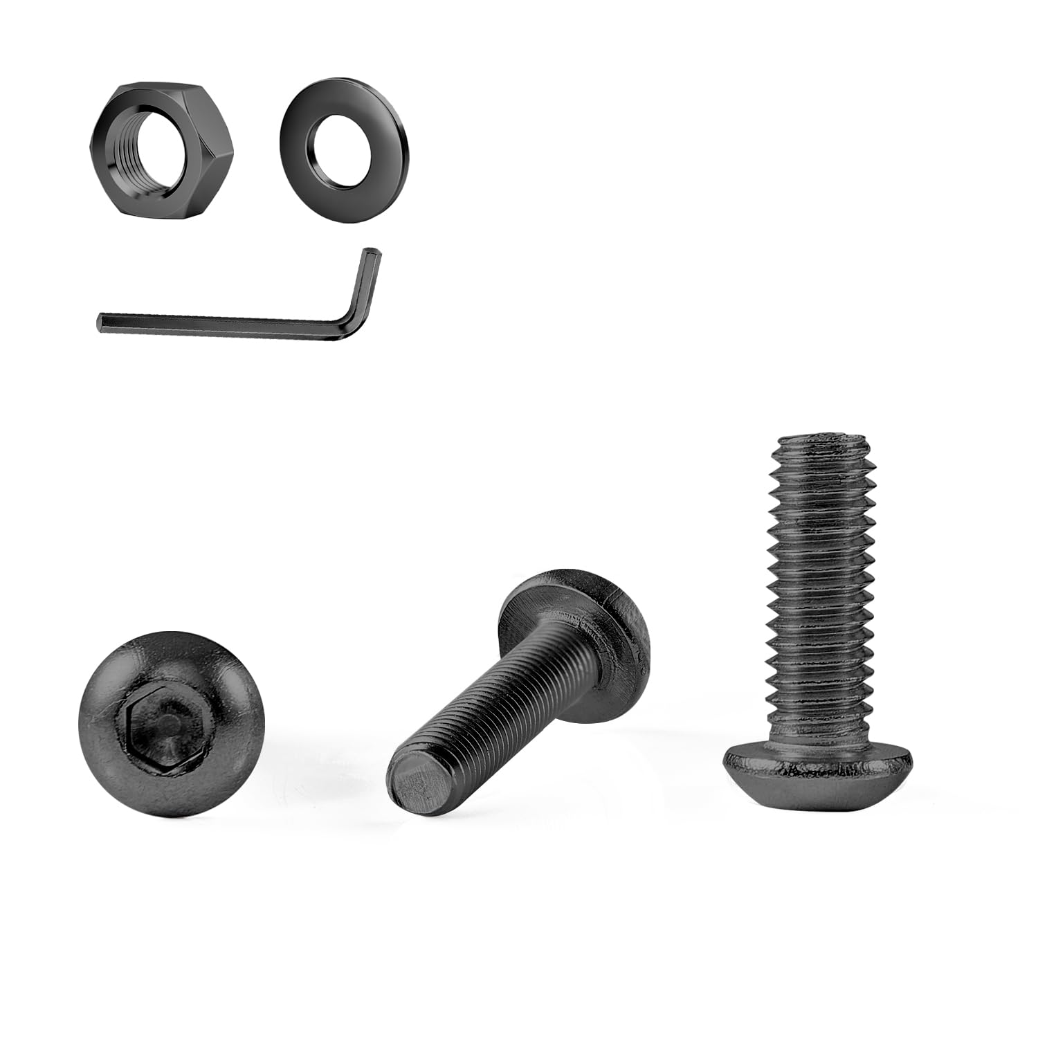 M8&times;45Mm Button Head Socket Cap Bolts Screws, Nuts, Flat Washers, 20Pcs, 304 Stainless Steel 18-8, Fully Threaded, Black Oxide, with Hex Spanner