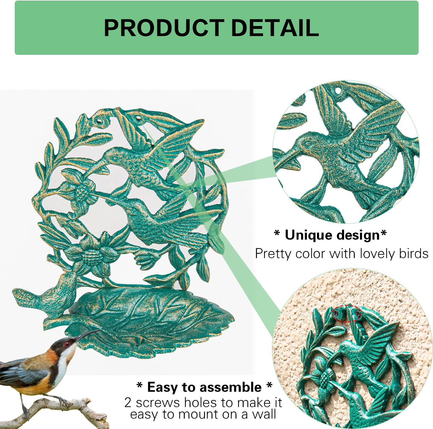 Sungmor Cast Iron Wall-Mounted Bird Feeder, Cute Hummingbird Decor Small Water Bath, Wall Hanging Fence Bird Bath Feeder, Beautiful Green Birdfeeder for Garden Backyard Patio Decoration image number 6