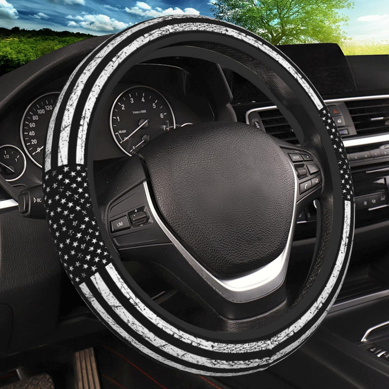 Black Leopard Print Cheetah Elastic Steering Wheel Cover, Non-Slip Breathable Neoprene Steering Wheel Covers, Women Leopard Car Accessories, Universal 15 Inch Fit Auto, Suvs, Truck