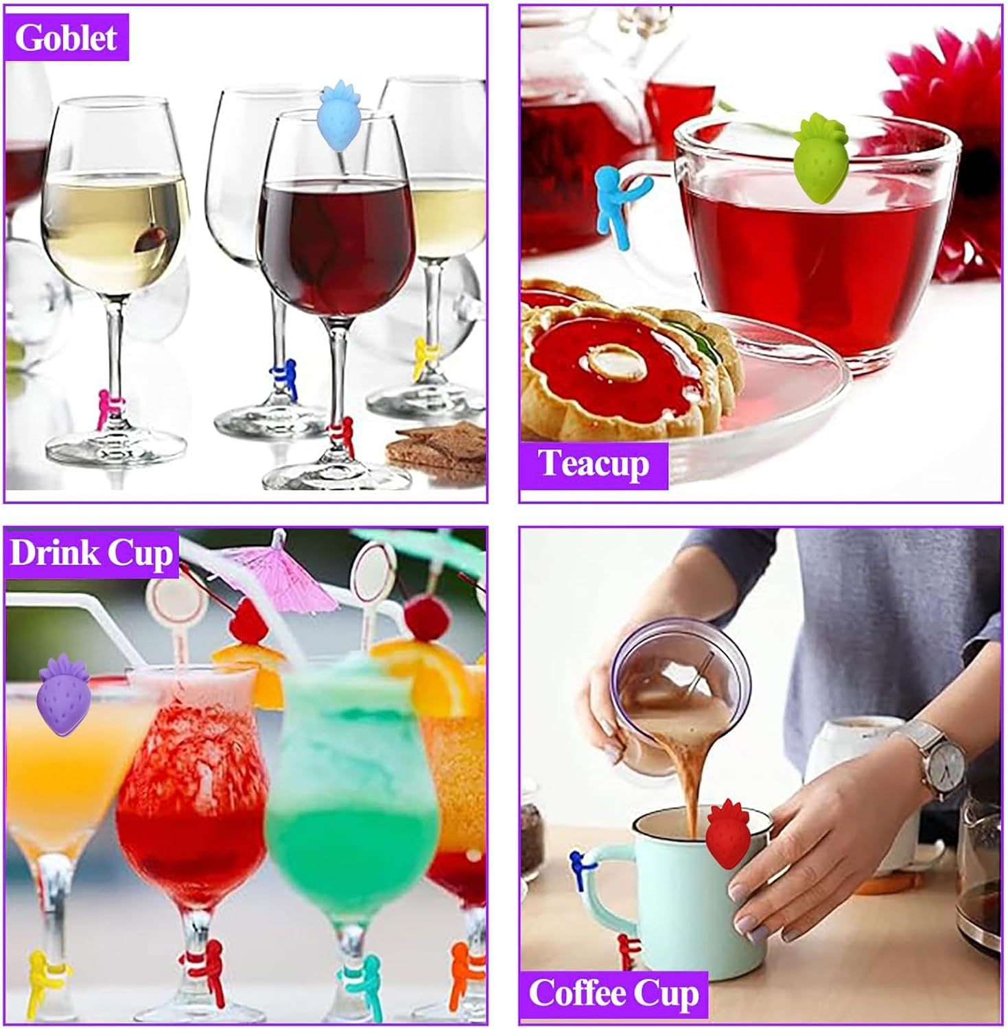 Lyvixora 16PCS Upgraded Wine Glass Charms - Silicone Strawberry & Pineapple Drink Markers | Cute & Reusable Cocktail Champagne Flutes Glass Cup Label Tags for Parties, Weddings & Events