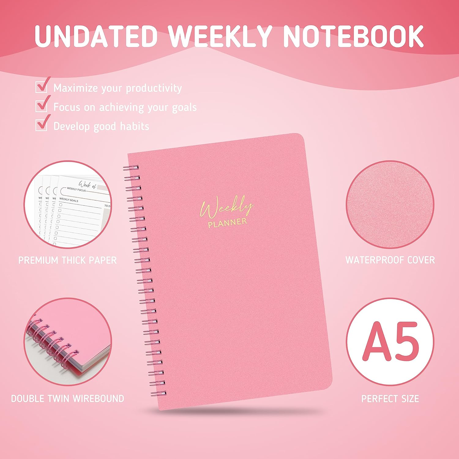 Weekly Planner Undated, Daily Planner, Habit Tracker Journal, Weekly Goals Schedule Planner with Spiral Binding, to Do List Notebook Calendars Organizers for Man & Women, 52 Weeks (14.8Cm X 21Cm)