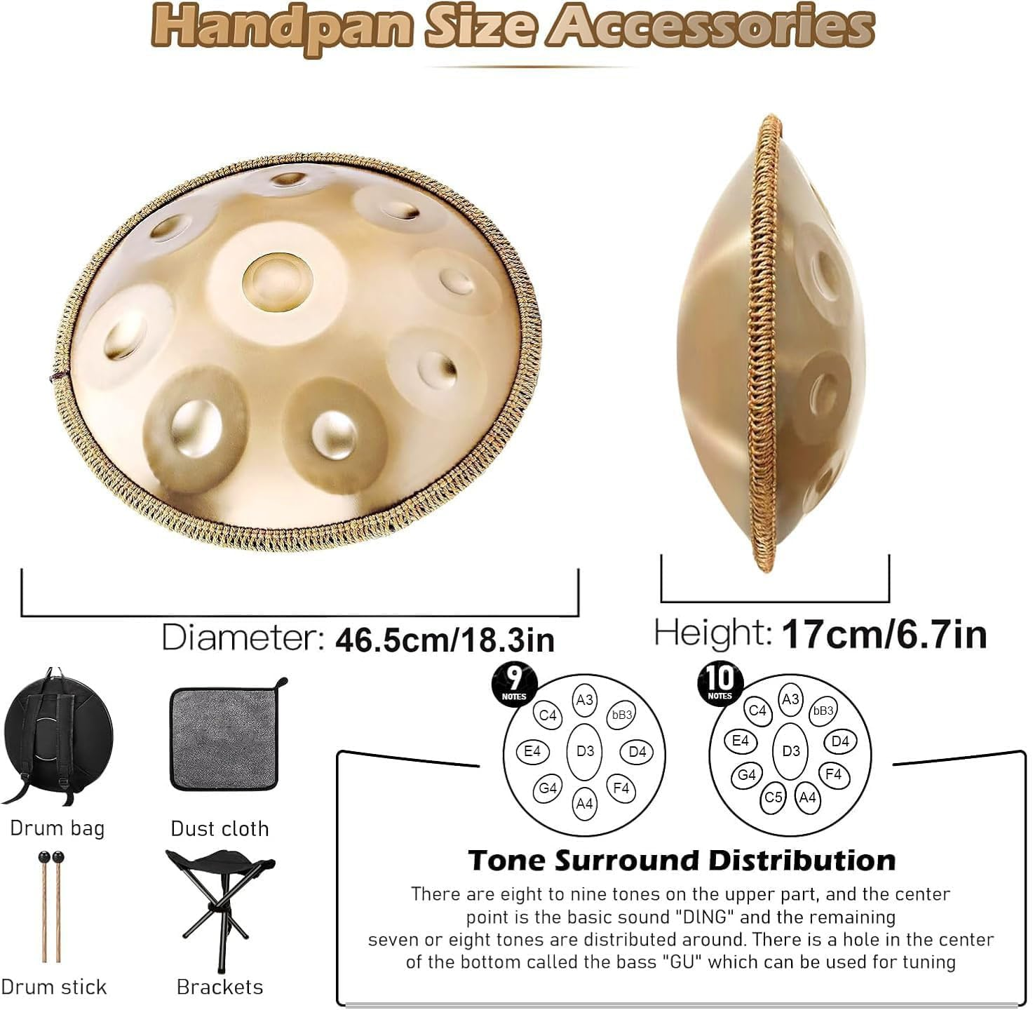 Handpan-Drum for Beginner, Steel Drums 9 T&ouml;ne 18 Zoll, Handdrum in G-Major, Hand Pan Mit Drum-Bag and Handpan Holder, Musical Instruments for Sound Healing, Meditation (Deep Gold) - Deep Gold image number 3