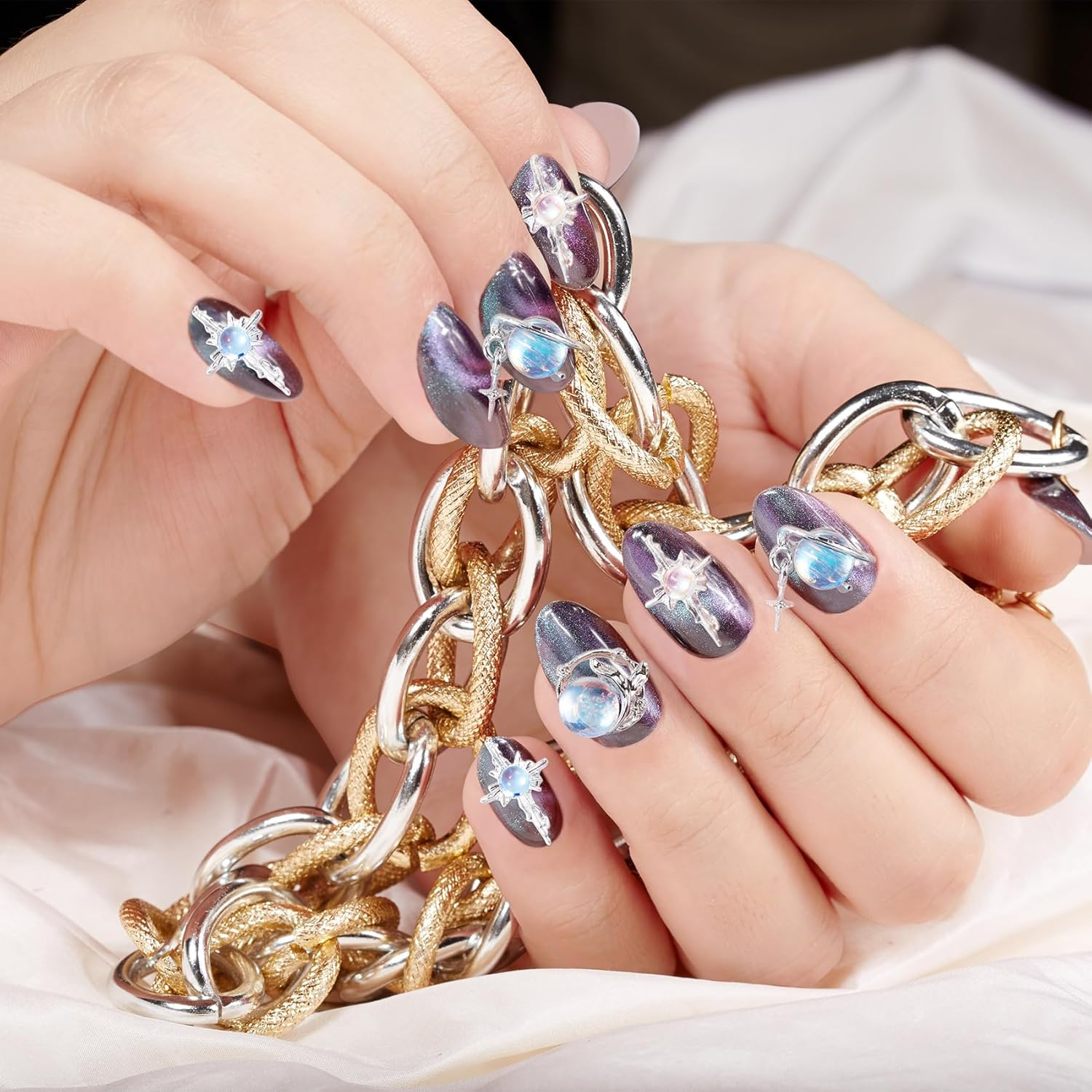 30Pcs 3D Planet Nail Charm Mermaid Eye Charm for Acrylic Nails Sliver Blue Alloy Cross Rhinestones Valentines Wedding Y2K Jewels Gems for Phone Cases Hair Clips image number 5