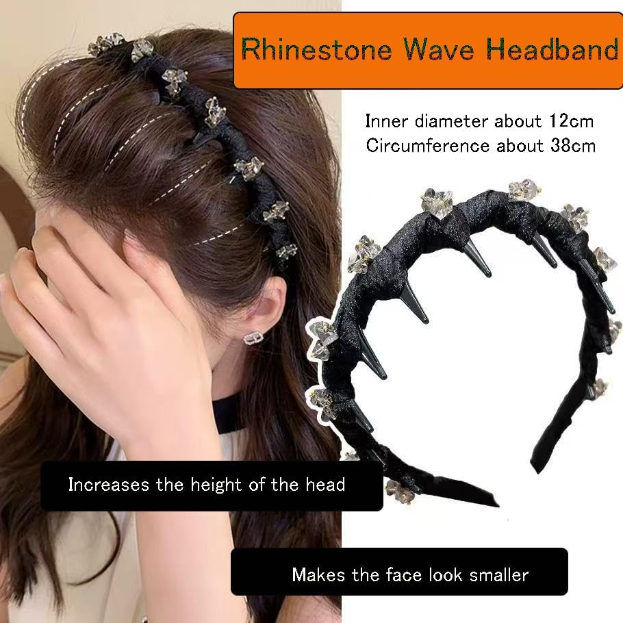 New Vintage High Cranium Artificial Pearl Hairband Elegant Braided Pearls Headbands with Teeth, Anti-Slip Decorative Hair Bands Fashion Hair Accessories for Women Rhinestone-Black image number 6