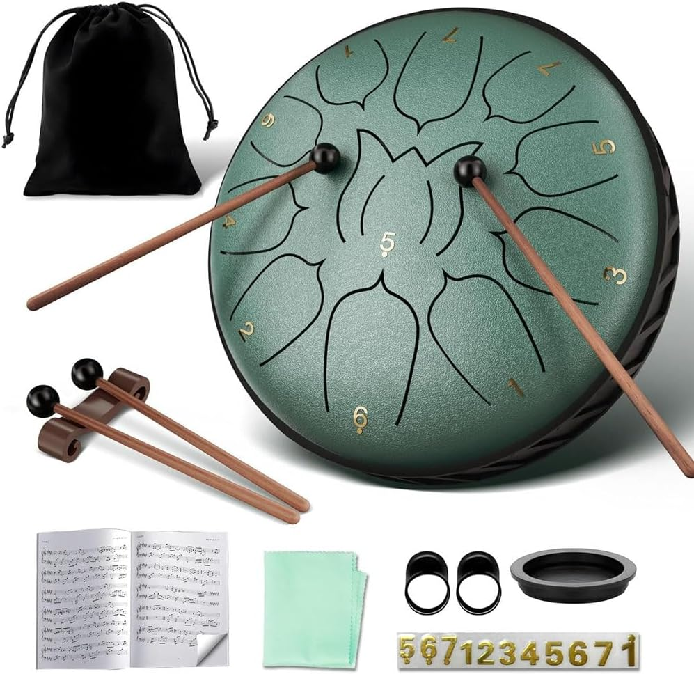 Steel Tongue Drum, Rain Drum with Bag, Handpan Drum Musical Instruments with Music Book, Drums Mallets, Mallet Holder, Finger Picks, Tongue Drum for Adult, Kids, 11 Notes 6 Inches (Deepgreen)
