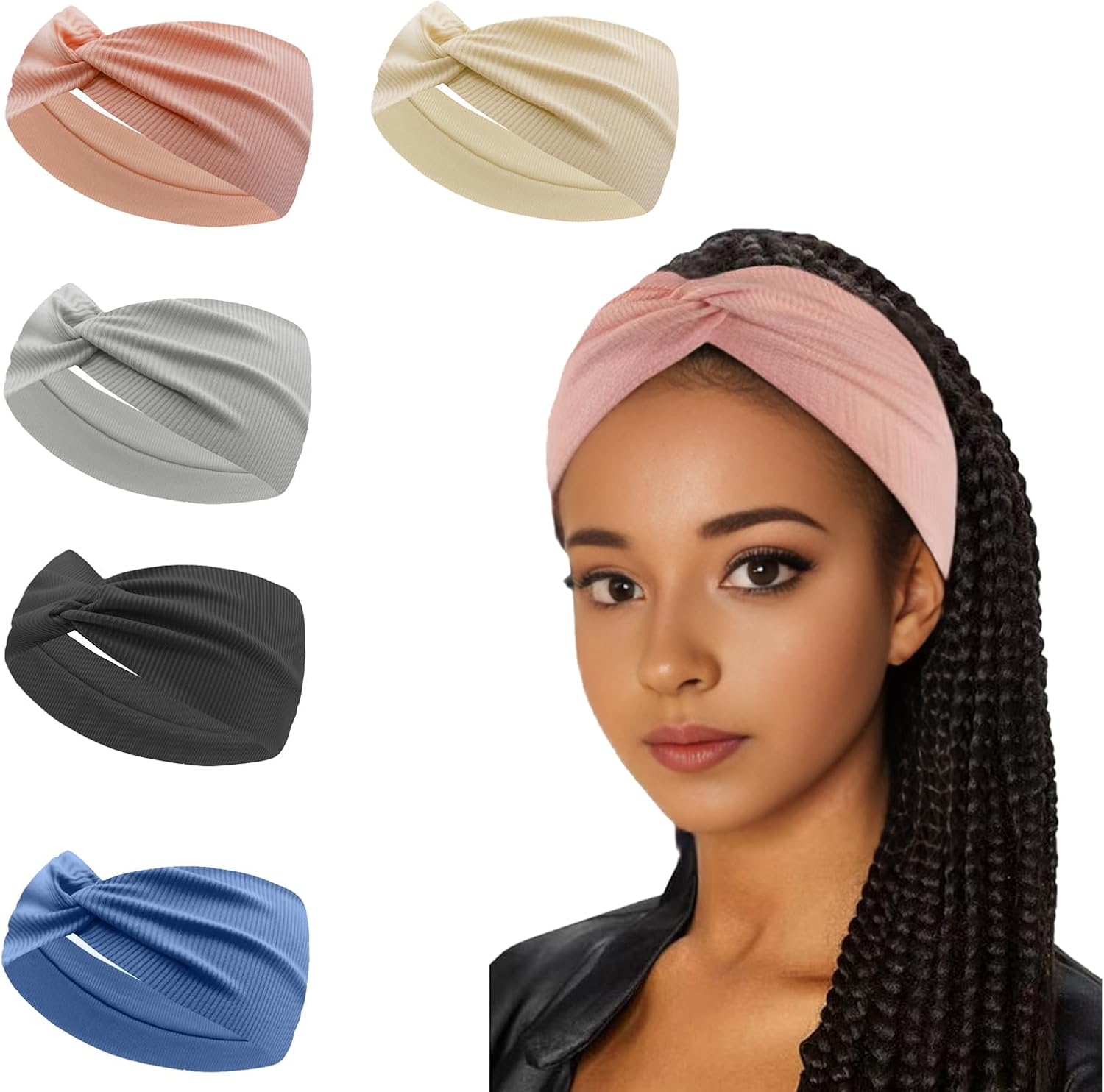 Women'S Elastic Hair Band, 5 Piece Headband Hair Accessories, Yoga Sports Headband, Women'S Elastic Headband off White, Navy Blue, Light Grey, Dark Grey, Pink image number 2