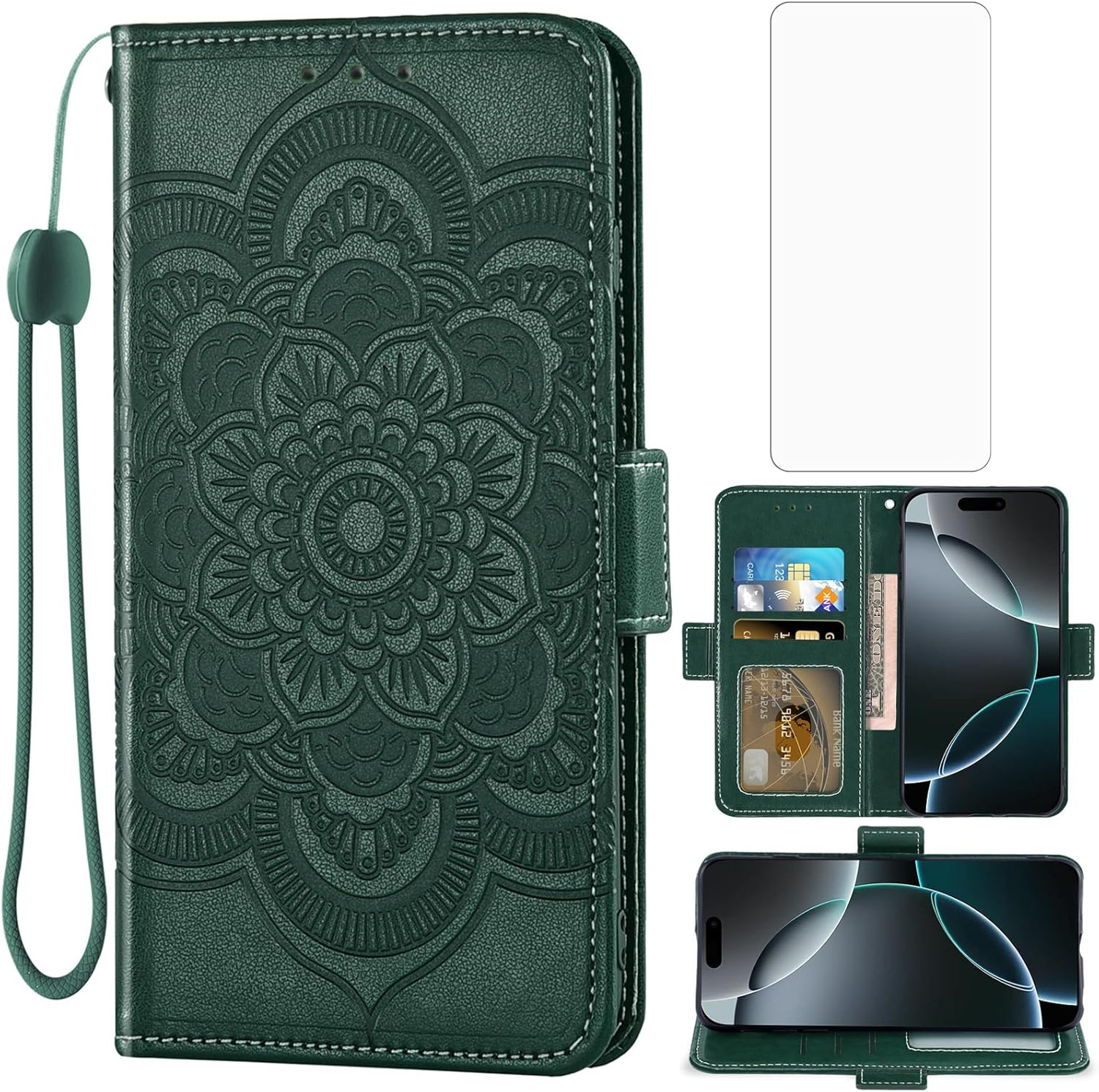 Asuwish Mobile Phone Case for Iphone 17 Pro, Case with Glass Film, Screen Protector, Card Slot, Foldable, Leather Wallet, Stand, Iphone 17 17Pro, Mobile Phone Case, Mandala Protective Cover, Phone