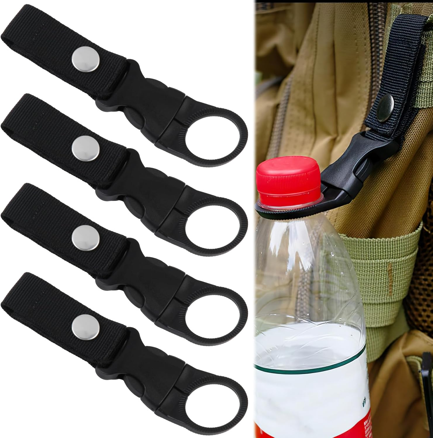 4 Pcs Water Bottle Clips - Secure Nylon Belt & Backpack Hanger for Hiking, Camping, Cycling - Portable Bottle Ring Holder for Outdoor Travel (Black) image number 3