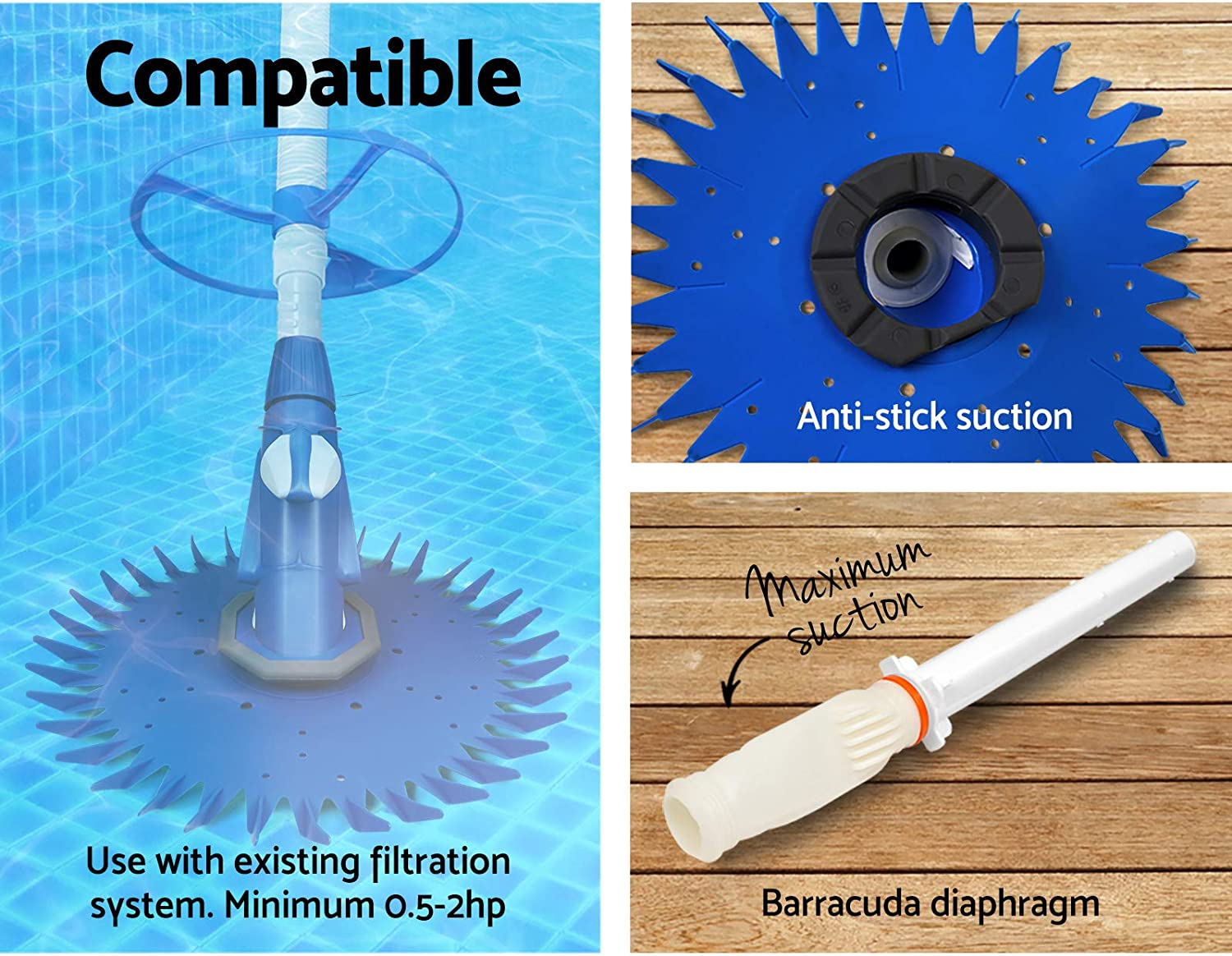 Aquabuddy Pool Cleaner, Automatic Vacuum Mop Floor Cleaners Wall Swimming Pools Brush Household Home Inground above Ground Cleaning Tool, with Replacement Barracuda Diaphragm 10M Hose Blue image number 2