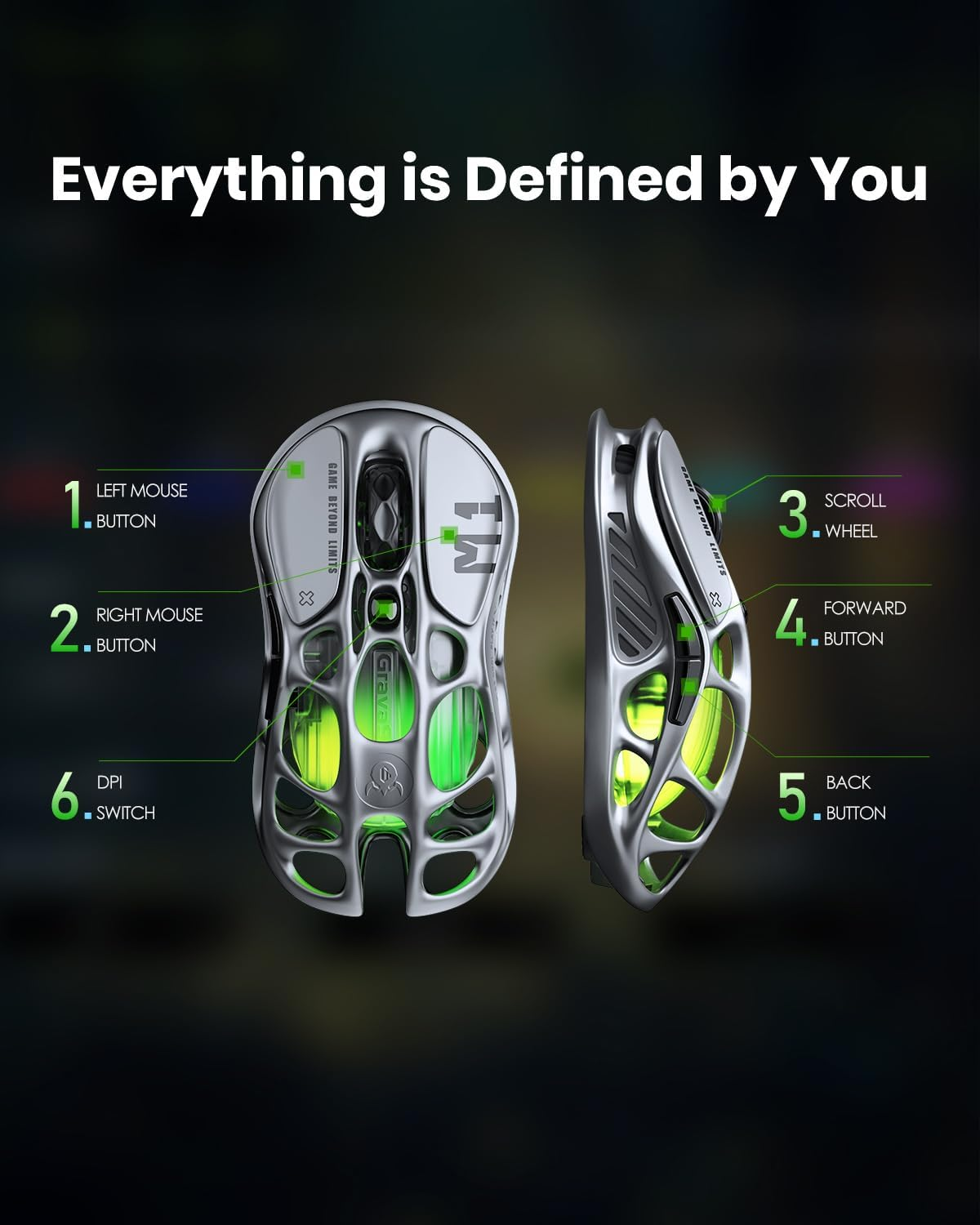 Gravastar Mercury M1 Pro Wireless Gaming Mouse, Magnesium Alloy MMO Gaming Mouse, 26000 DPI, 3.1 Oz Lightweight Hollow-Out Design, 5 Programmable Buttons, 5 Dynamic RGB Lightsync Modes, White - Silver - Battle Damaged Version image number 6