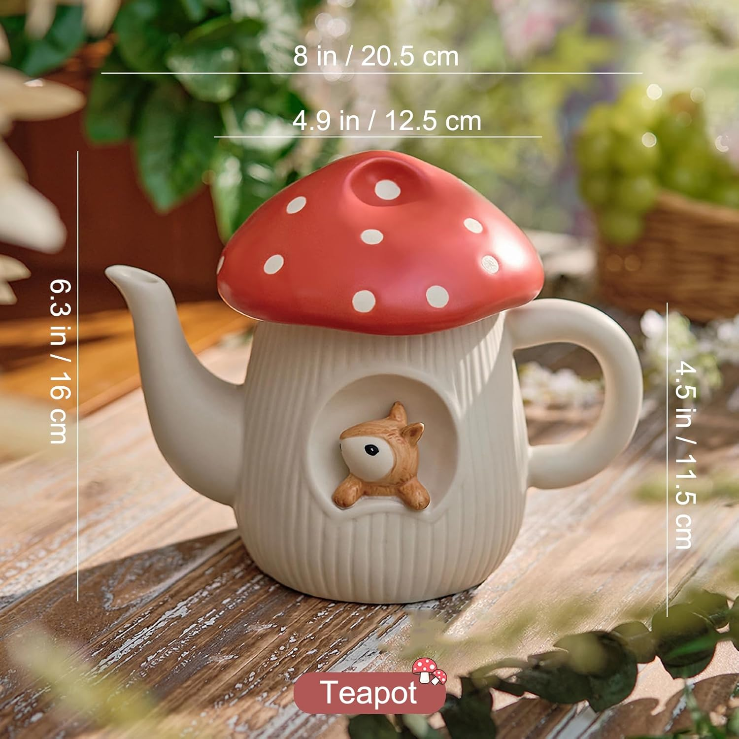 RESVUGA Cute Mushroom Teapot, Handmade Glaze Polka Dot Lid, Safety Matt Ceramic Tea Pot, with Squirrel Decoration. 23 Oz / 680 Ml. Best Gifts for Women & Girls. image number 4
