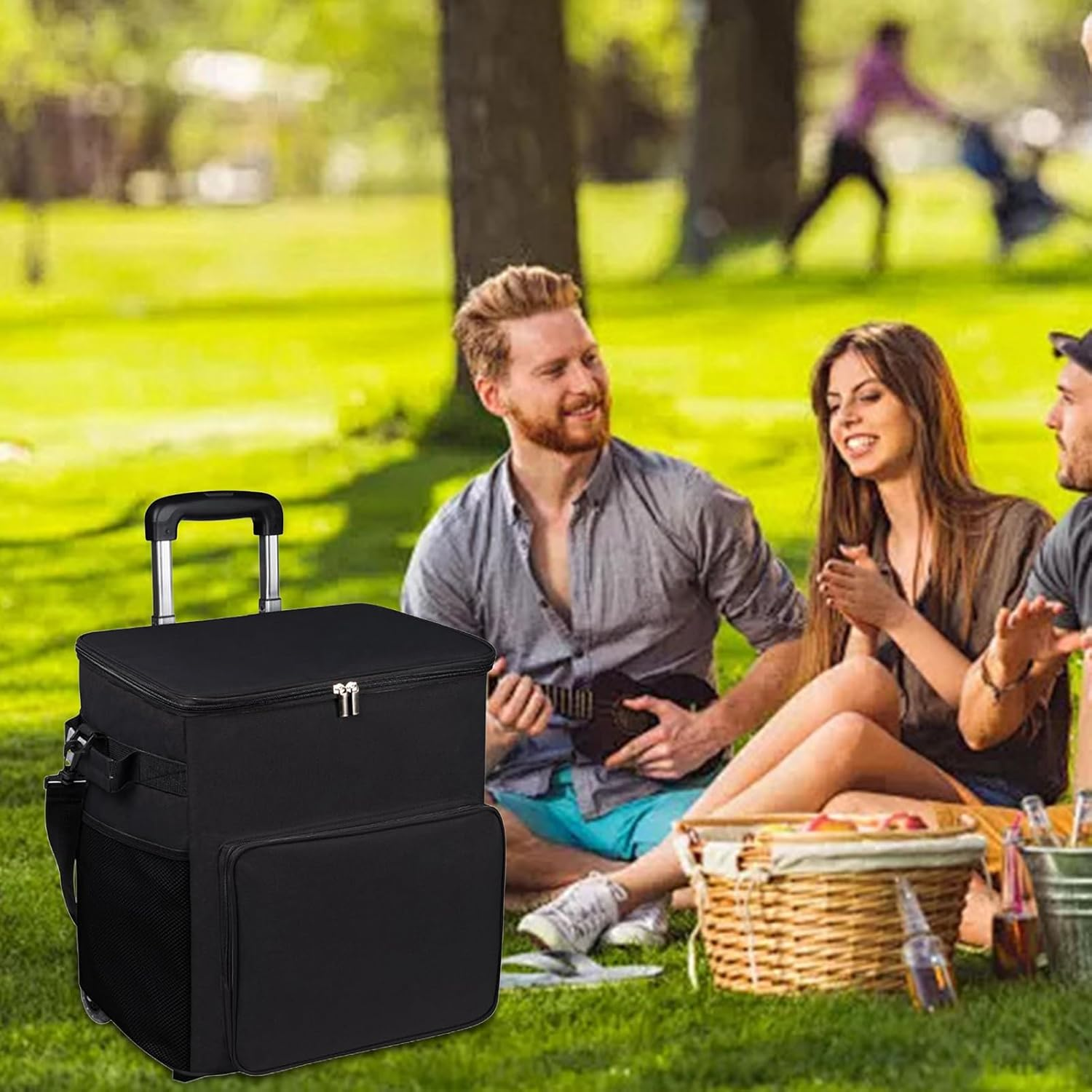 Cooler with Wheels - Soft-Sided Ice Chest,Trolley Cart with Handle 35L Insulated Leakproof Travel Bag for Outdoor Patio Picnic Camping Shopping - Black image number 3