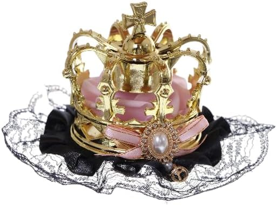 C-107-1 Gold Crown Pink Rose Bow Black Lace Ruffle Gothic Lolita Party Celebration Hair Accessory Clip, Einheitsgr&ouml;&szlig;e, Polyester Plastic image number 2