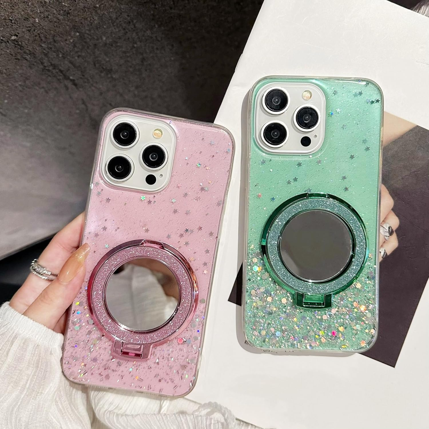 IMEIKONST Glitter Case Compatible with Iphone 16E with Makeup Mirror Holder, Sparkle Transparent Bling Shell Shockproof Soft TPU Silicone Bumper Cover for Iphone 16E. Green DJJ image number 5