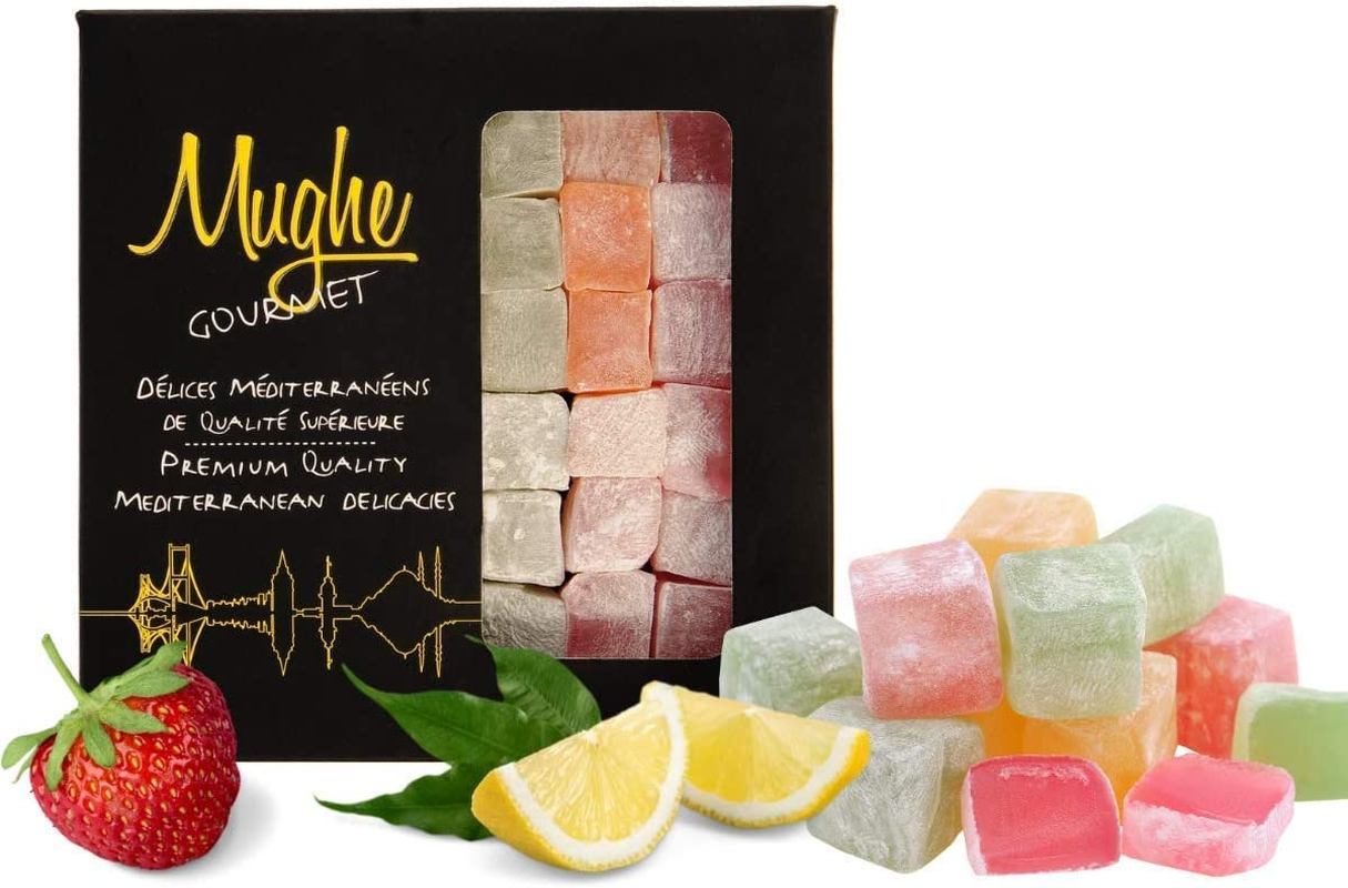 Mughe Gourmet Turkish Delight Candy Elegant Gift Box - 13.05Oz/370G - Halal, Vegan Lokum Fruit Flavors Rose, Strawberry, Lemon, Orange, Mint - Gifts for Special Occasions, Mother'S Day, Birthdays