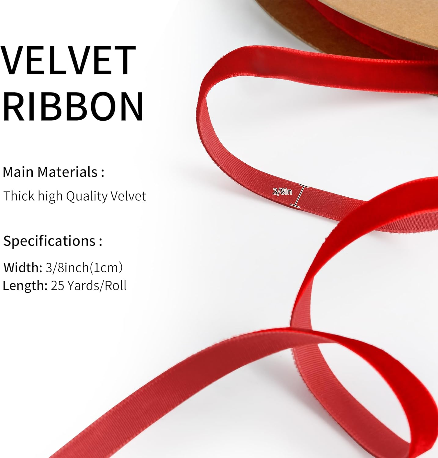 Christmas Ribbon for Gift Wrapping Black Velvet 3/8 Inch X 25Yards for Holiday Crafts, Home Decor, Choker Making, Wedding Bouquets image number 3