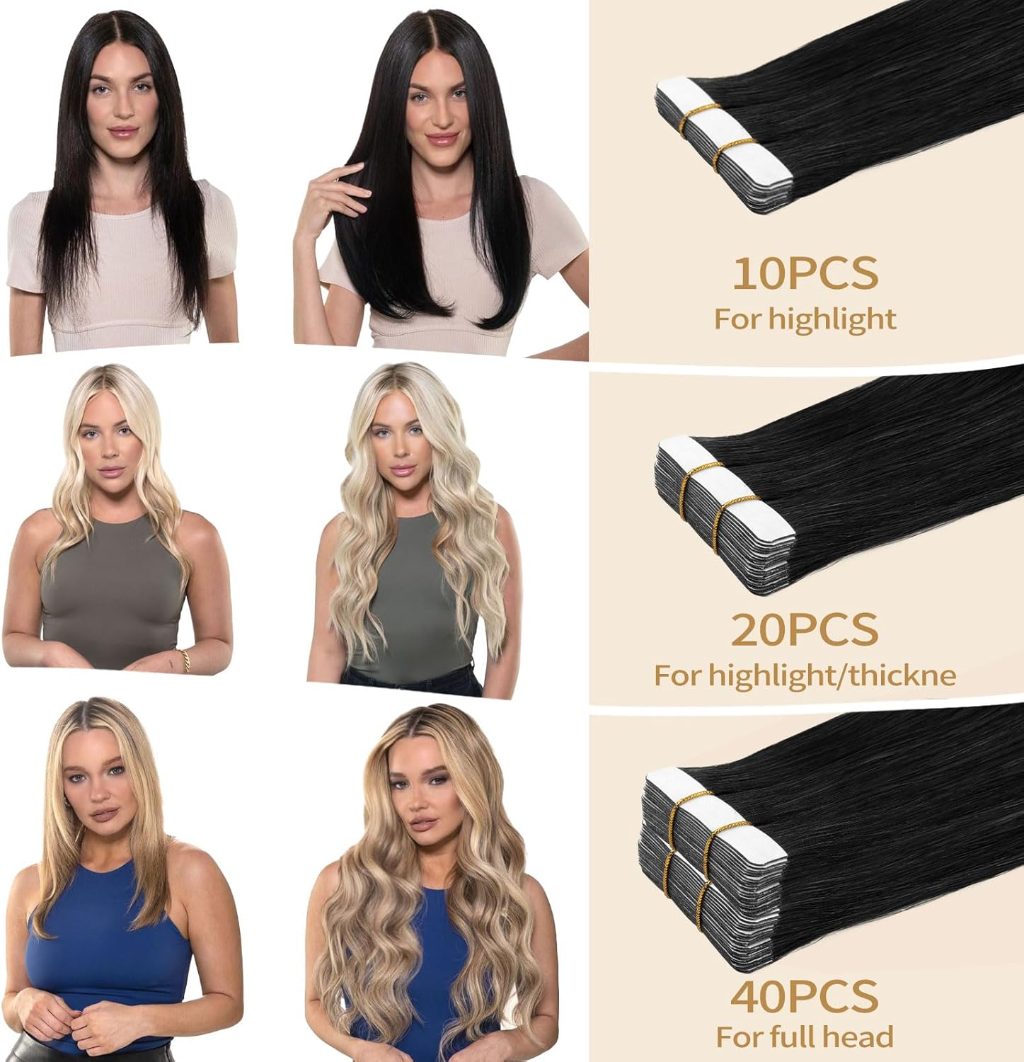 Yuniffe Tape in Hair Extensions Human Hair 40Cm Jet Black Human Hair Extensions Tape Ins 20Pcs 50G Seamless Skin Weft Tape Hair Extensions for Women Semi-Permanent Pre-Taped 16 Inch #1 image number 5