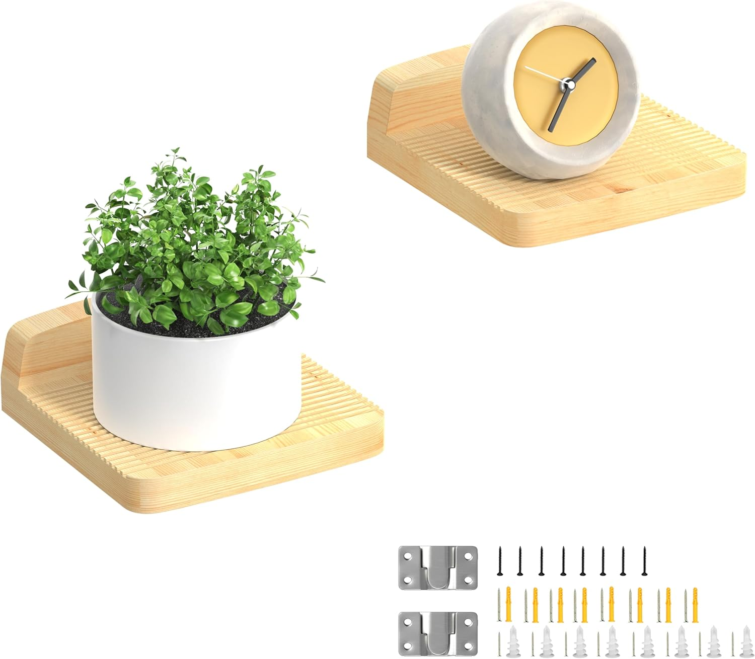 Floating Shelves for Wall. 6"X6" 2-Pack, Solid Wood with Slotted Surface for Breathable Anti-Slip, Rounded Corners, French Cleats, Easy Install for Bedroom, Living Room, Bathroom（Natural Pine） image number 1