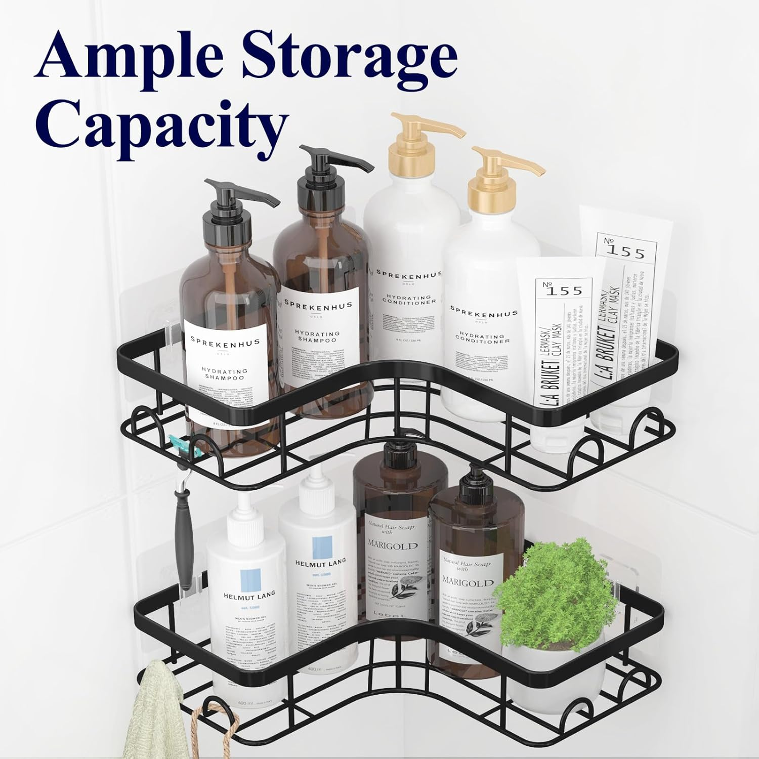 Kitsure Corner Shower Caddy - 2 Pack Rustproof Shower Shelf, Durable Bathroom Caddy with Large Capacity, Drill-Free Adhesive Bathroom Shelf with 4 Movable Hooks, 11.0 X 21.5 X 4.5 Cm, Black image number 5